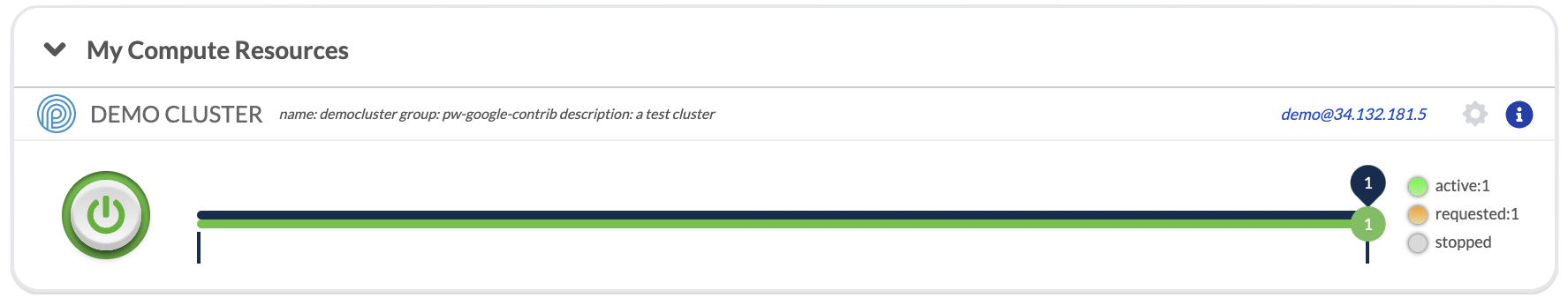 Screenshot of active cluster. The power button is solid green and the active bubble on the right is green.