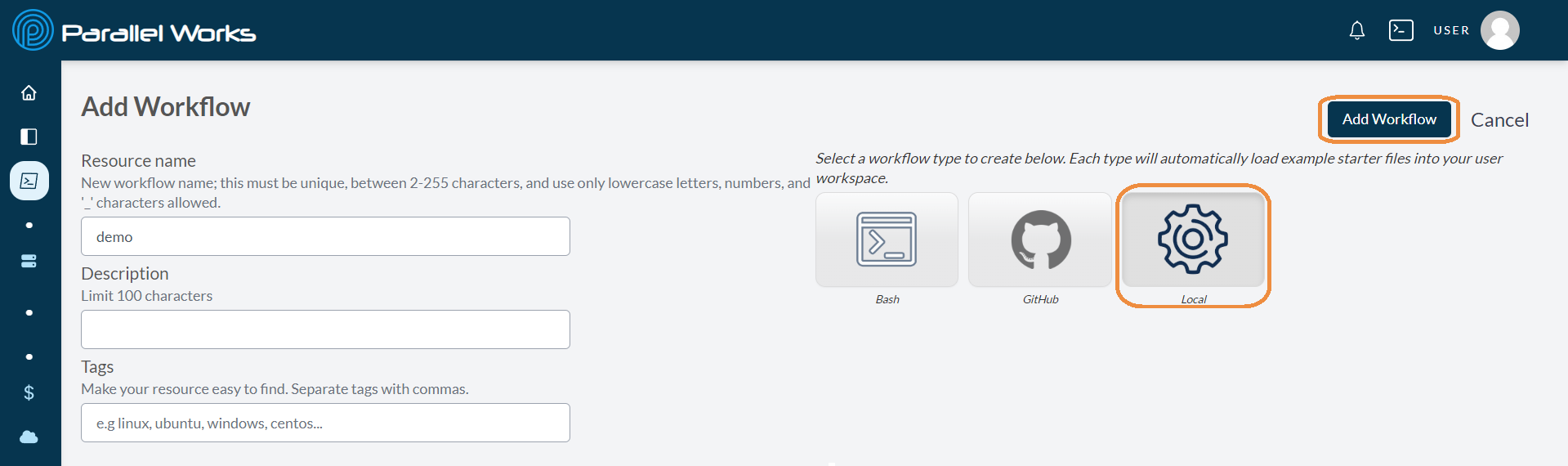 Screenshot of the user selecting a Local workflow and clicking Add Workflow.