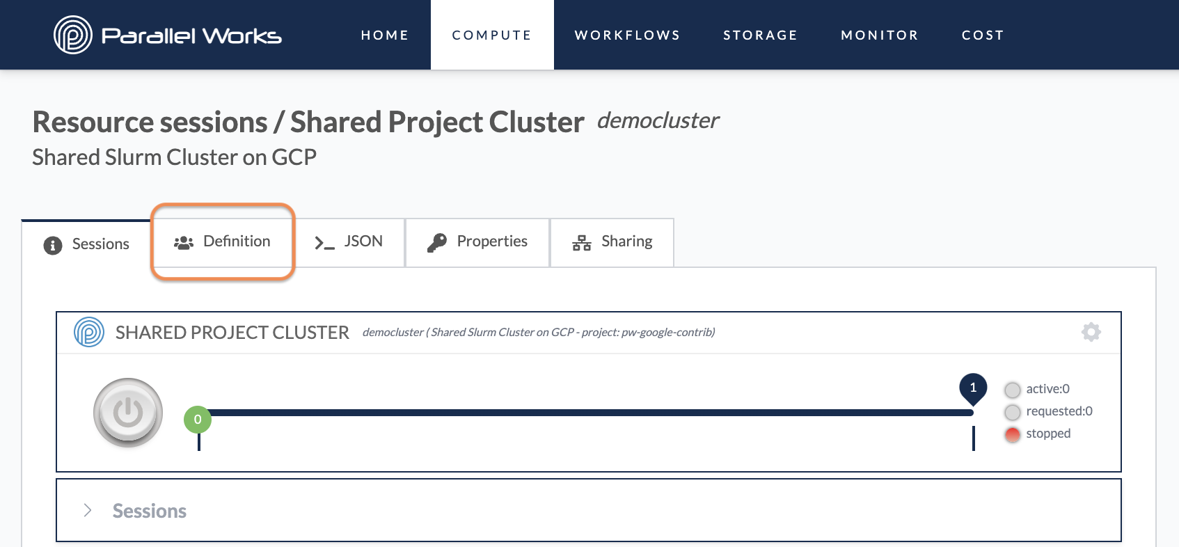 Screenshot of a user clicking the Definition tab of a cluster&#39;s configuration settings.