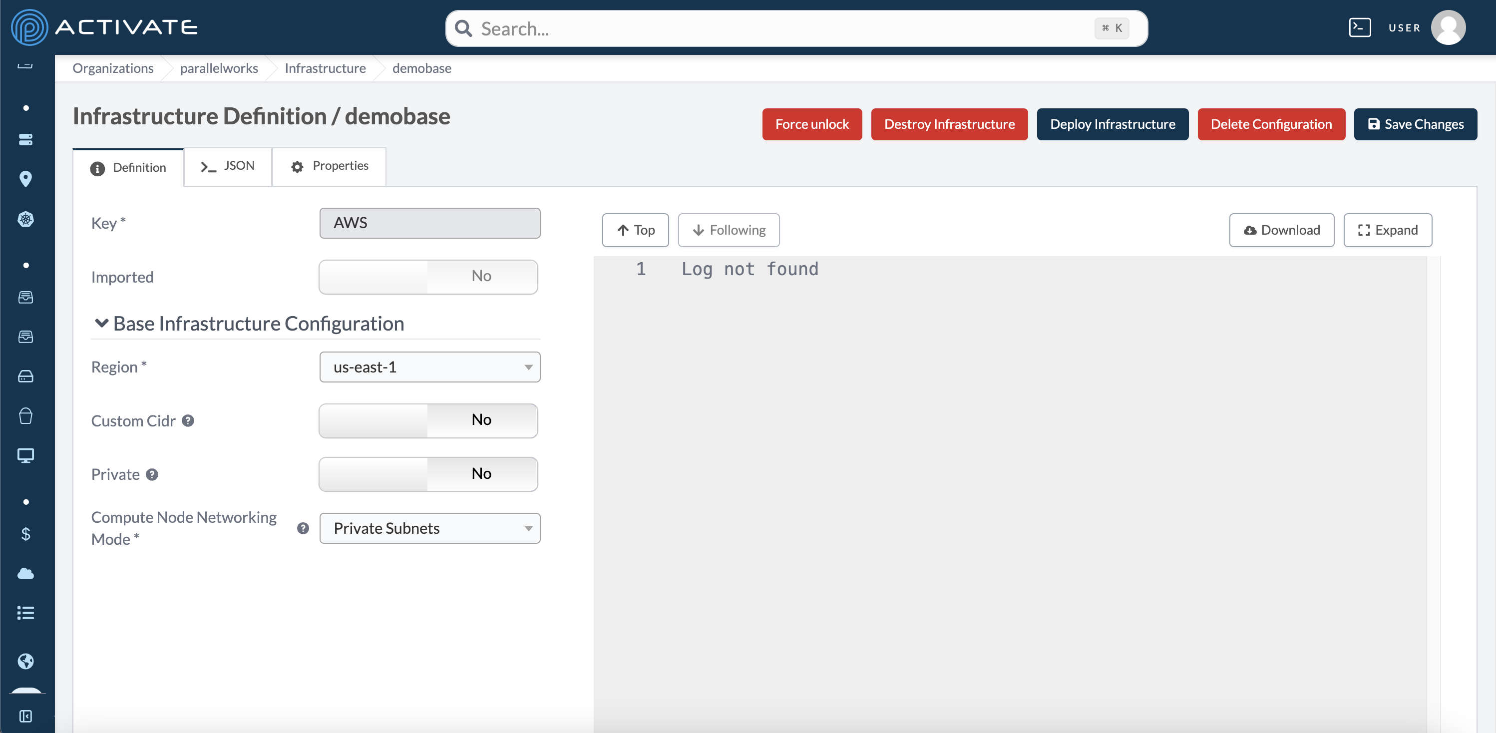 Screenshot of a blank AWS Infrastructure configuration form.