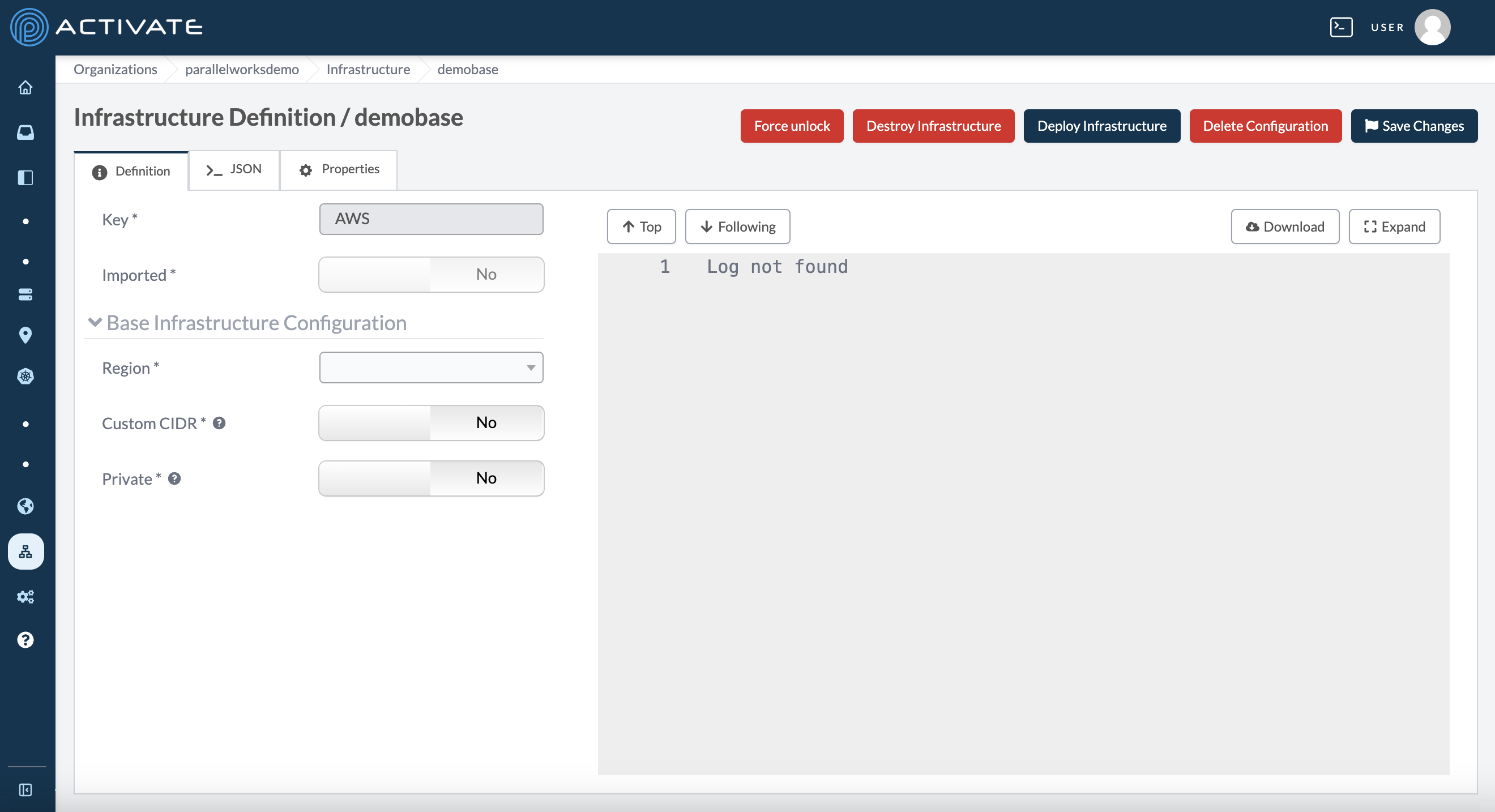 Screenshot of a blank AWS Infrastructure configuration form.