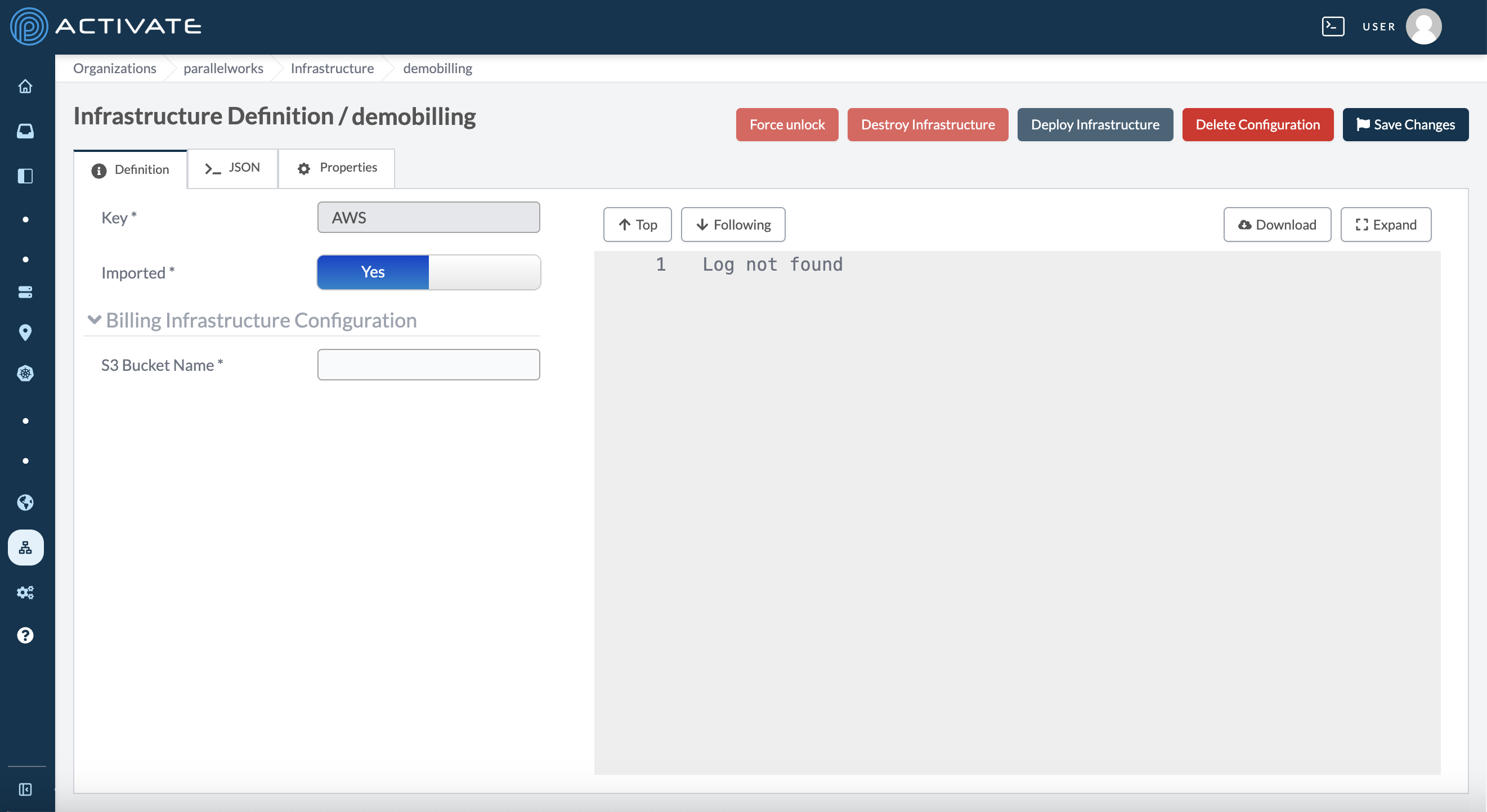 Screenshot of an imported AWS Billing Infrastructure configuration form.