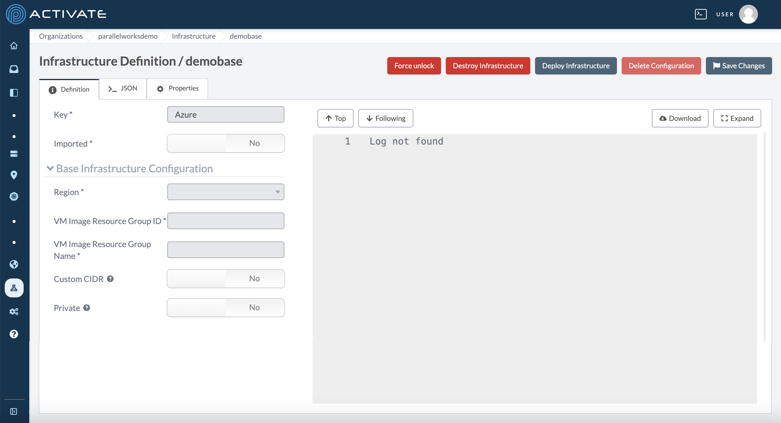 Screenshot of a blank Azure Infrastructure configuration form.