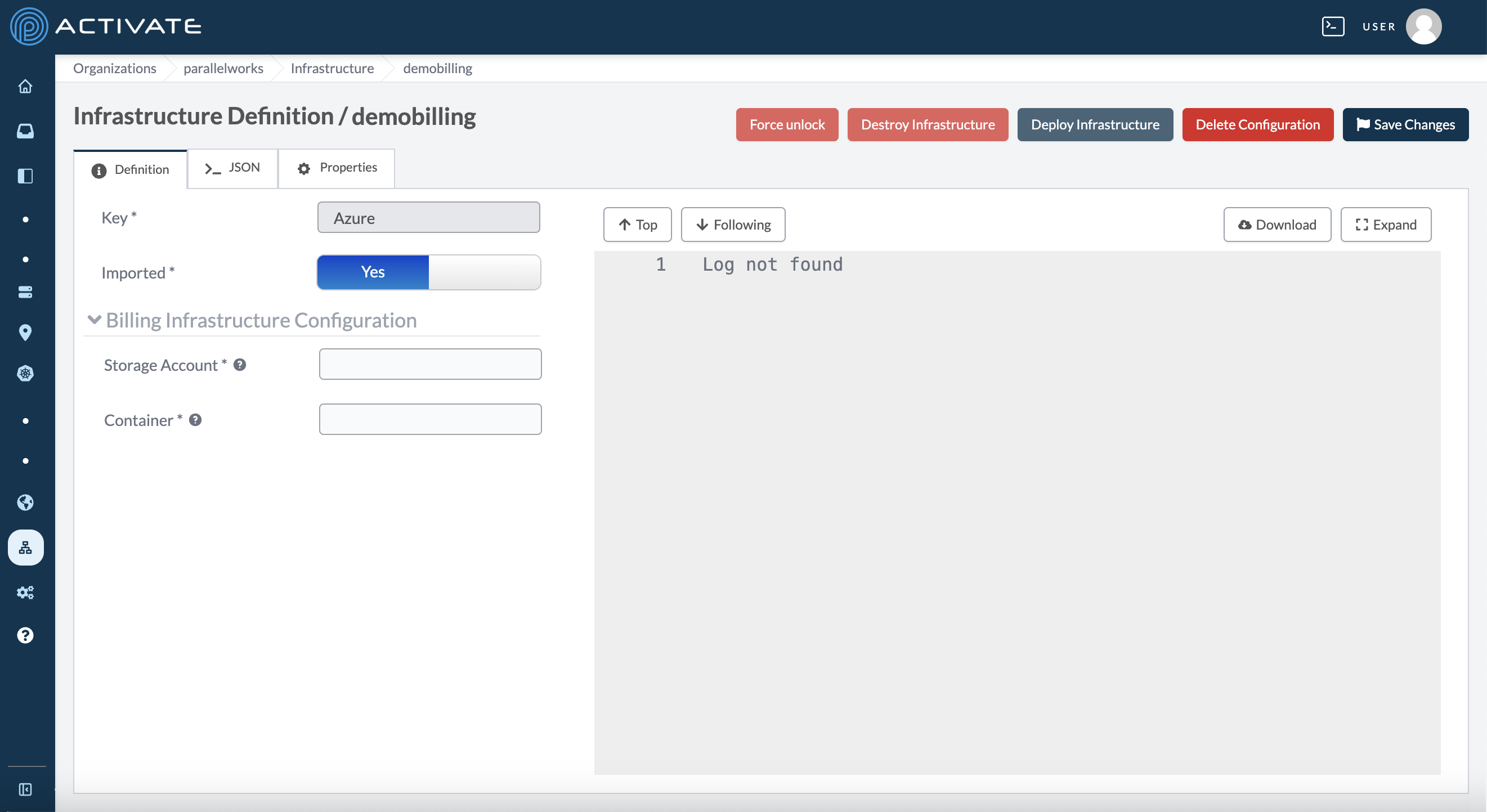 Screenshot of an imported Azure Billing Infrastructure configuration form.