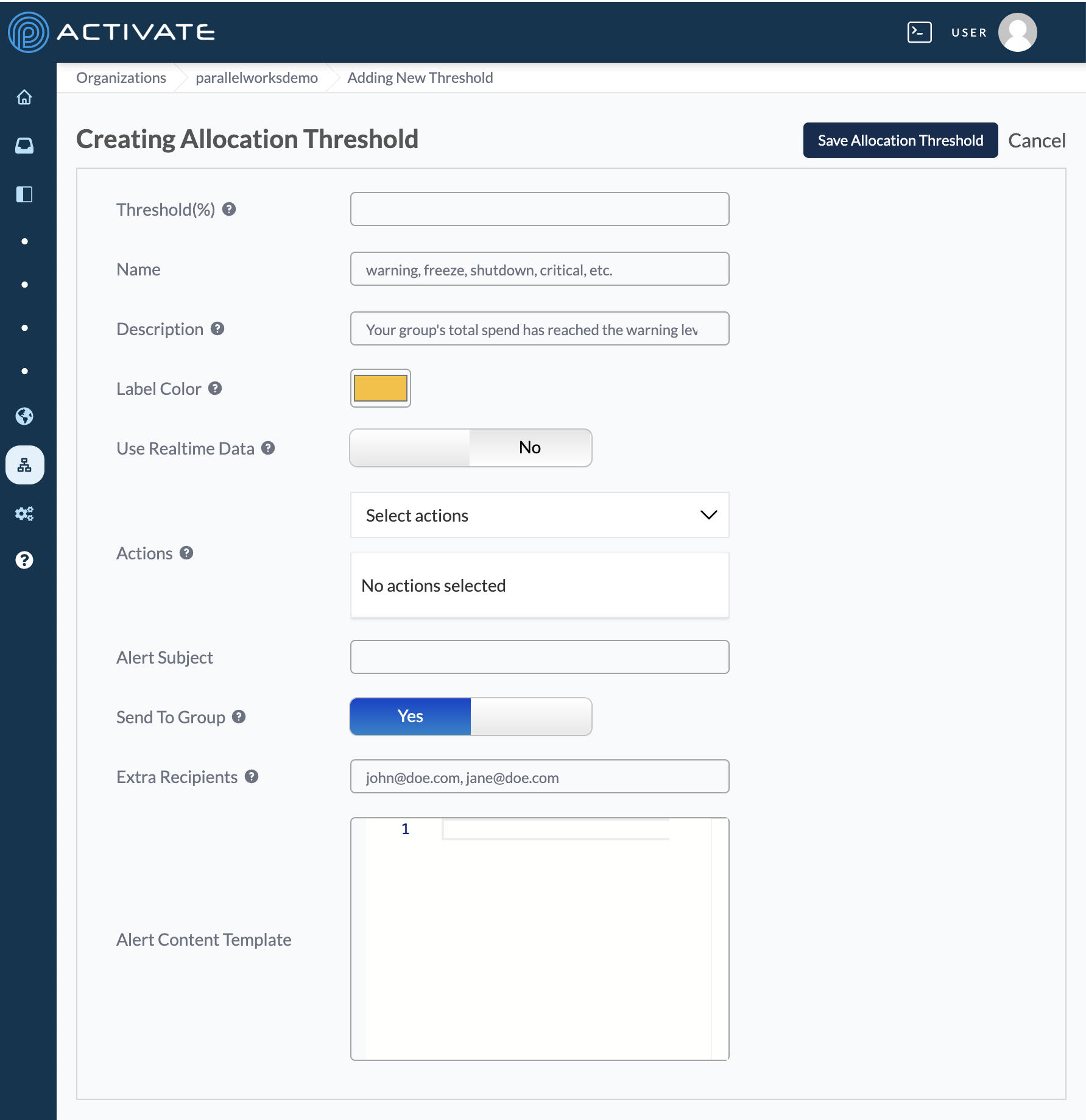 Screenshot of all allocation threshold settings.