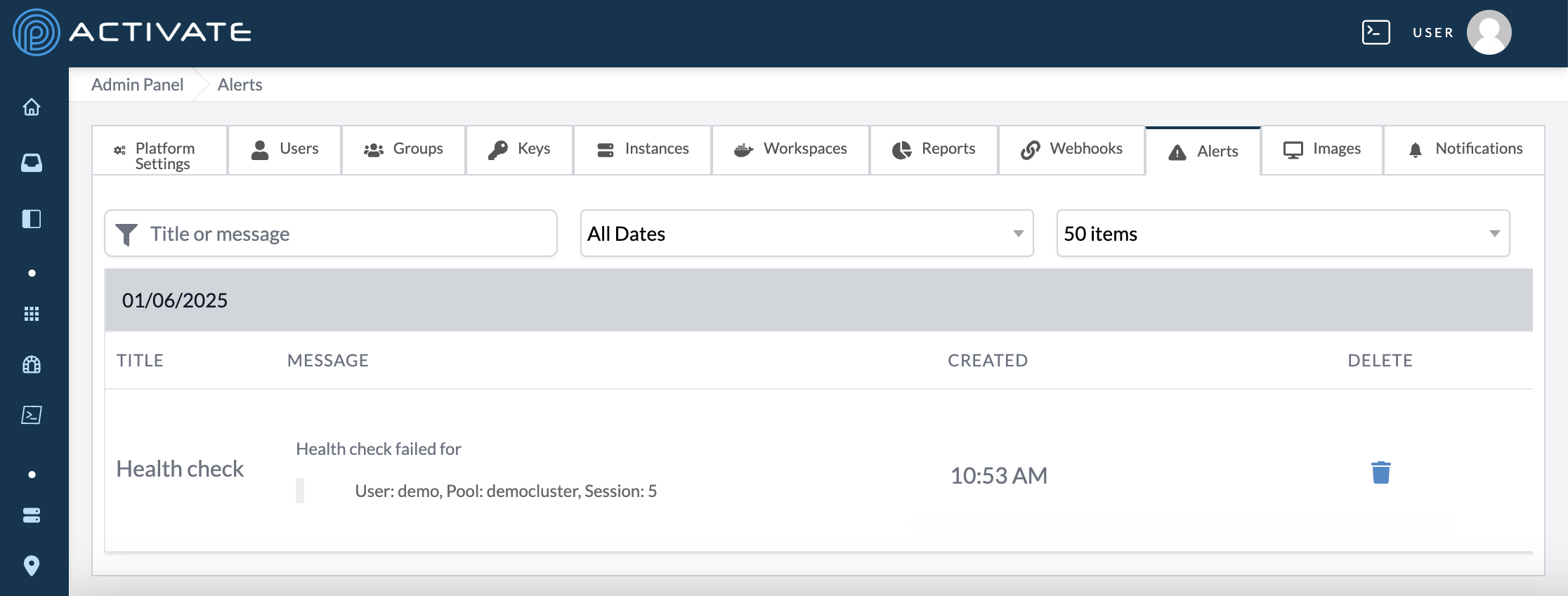 Screenshot of the Alerts tab in the Admin Panel.