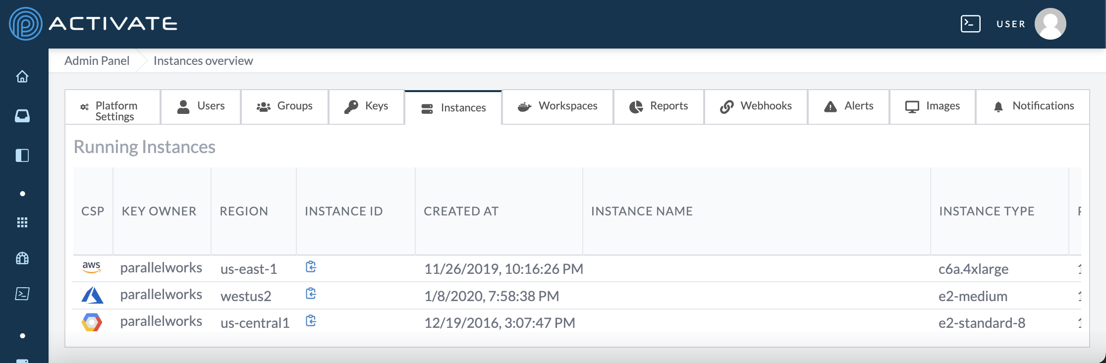 Screenshot of the Instances tab in the Admin Panel.