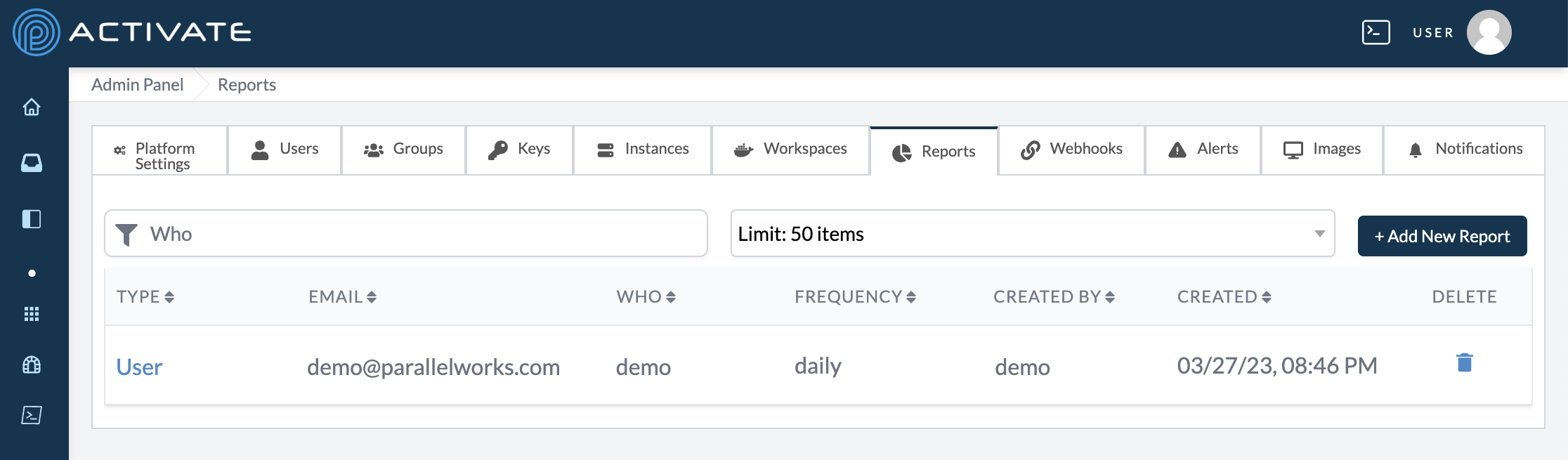 Screenshot of the Reports tab in the Admin Panel.