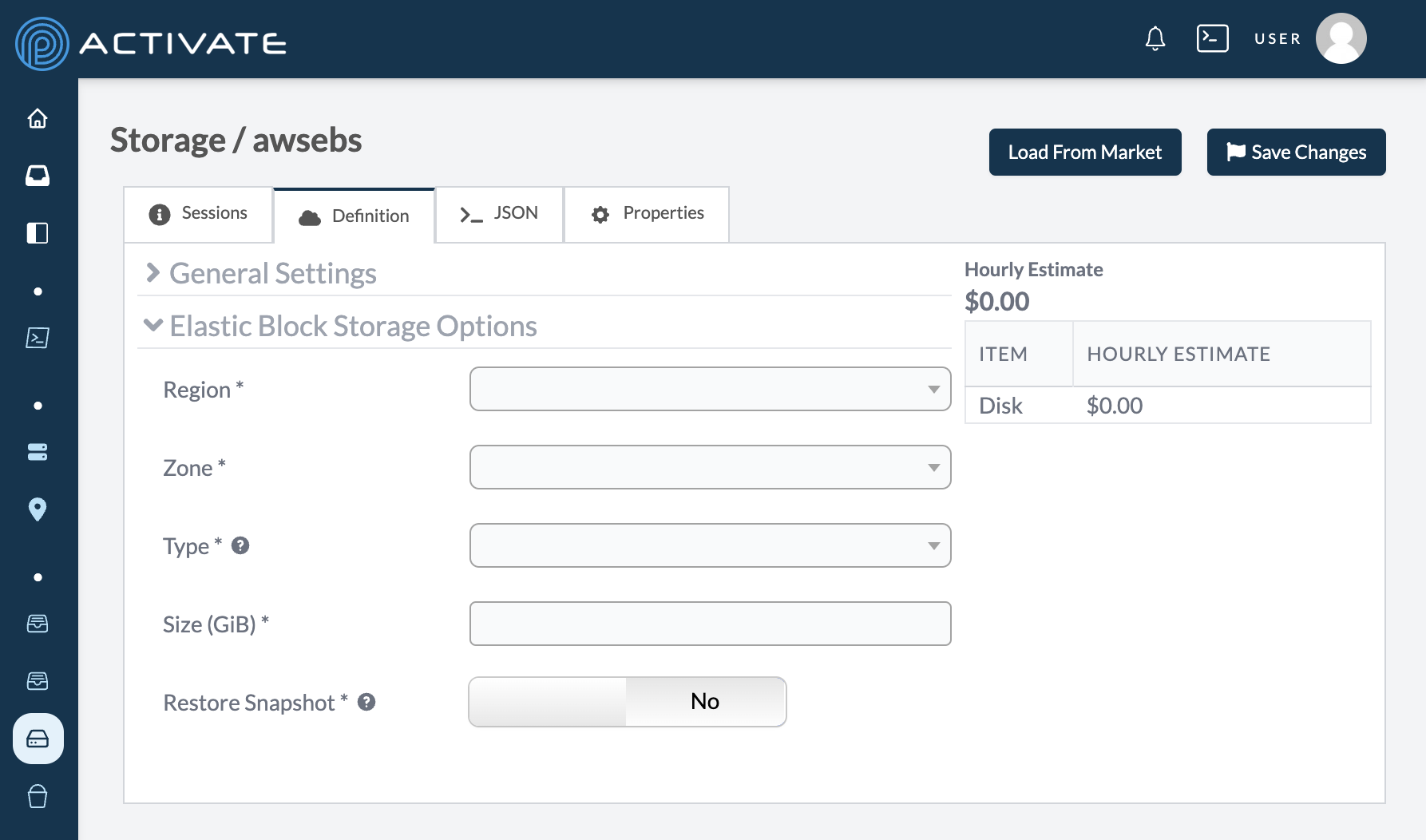 Screenshot of configuration settings for AWS EBS Disks.