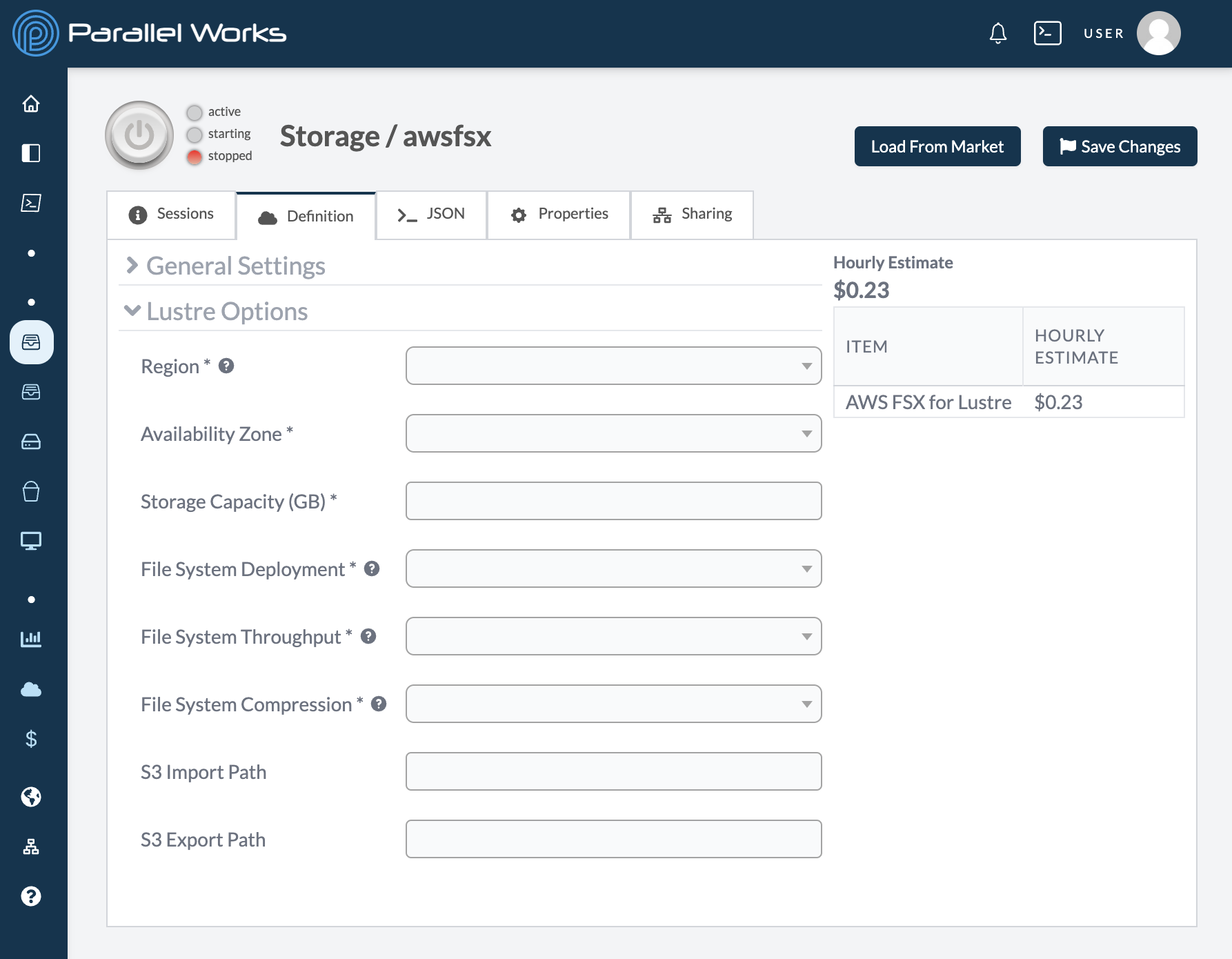 Screenshot of configuration settings for AWS FSx for Lustre.