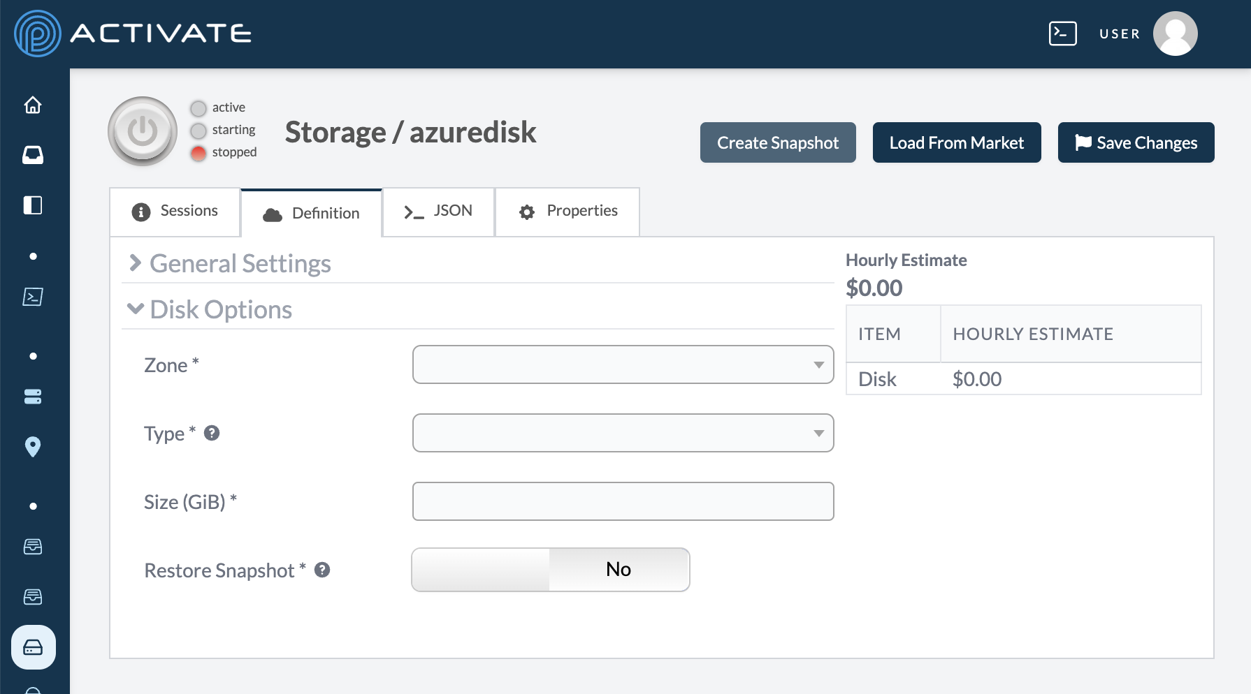 Screenshot of configuration settings for Azure Disk.