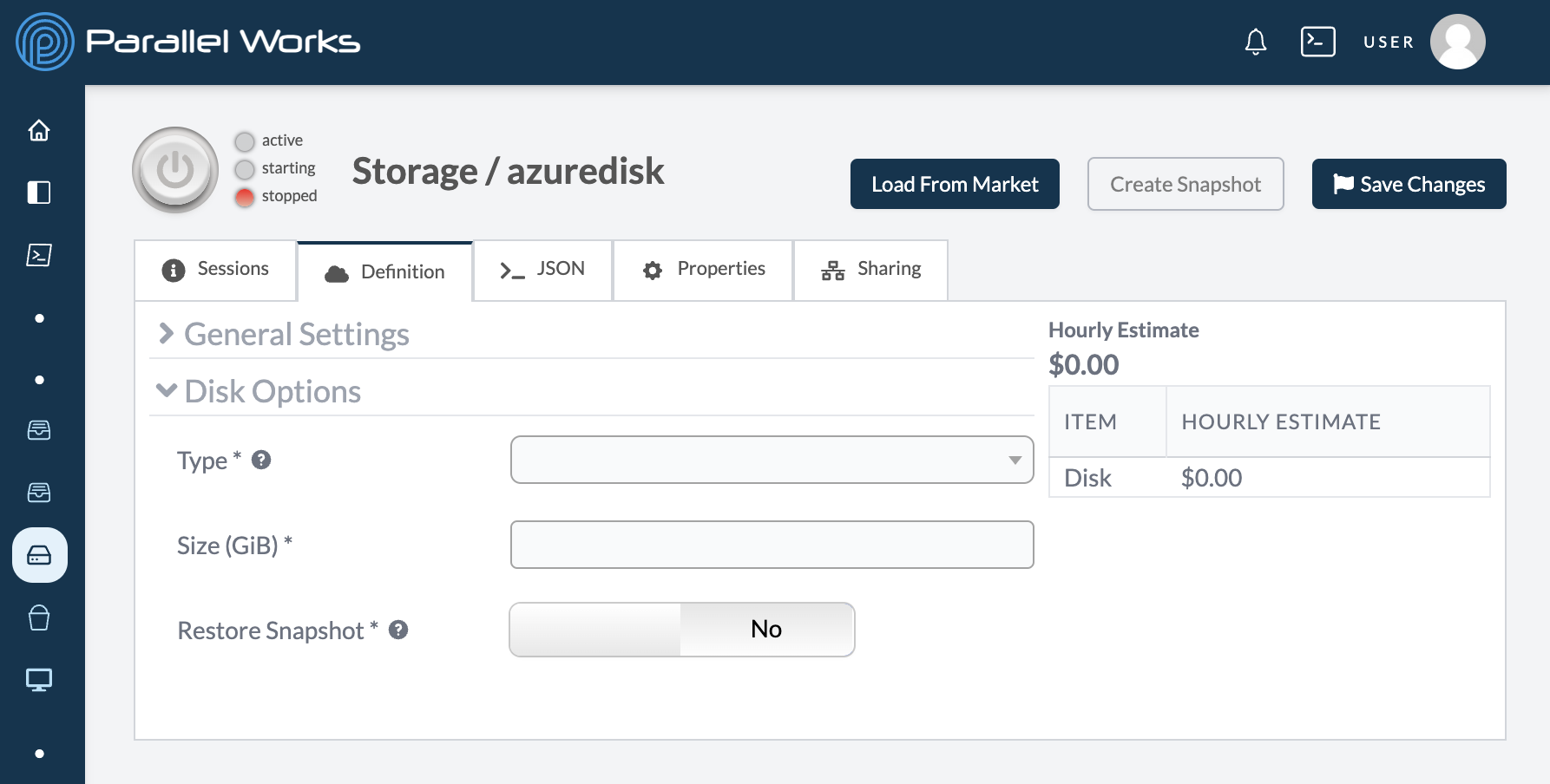 Screenshot of configuration settings for Azure Disk.