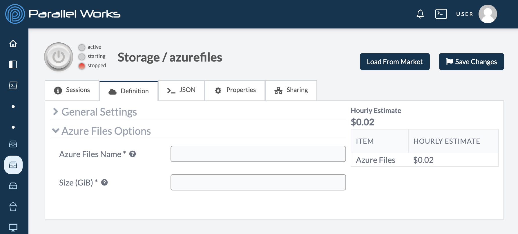 Screenshot of configuration settings for Azure Files.