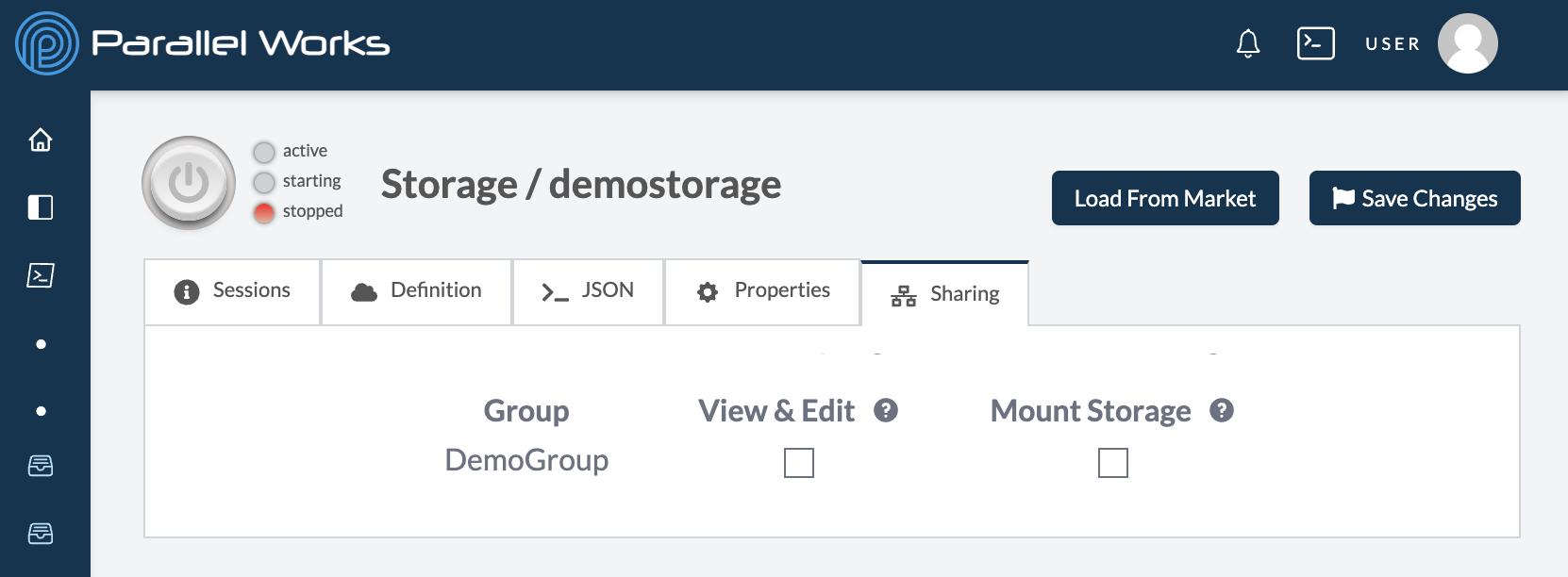 Screenshot of the Sharing tab in a storage resource&#39;s configuration settings