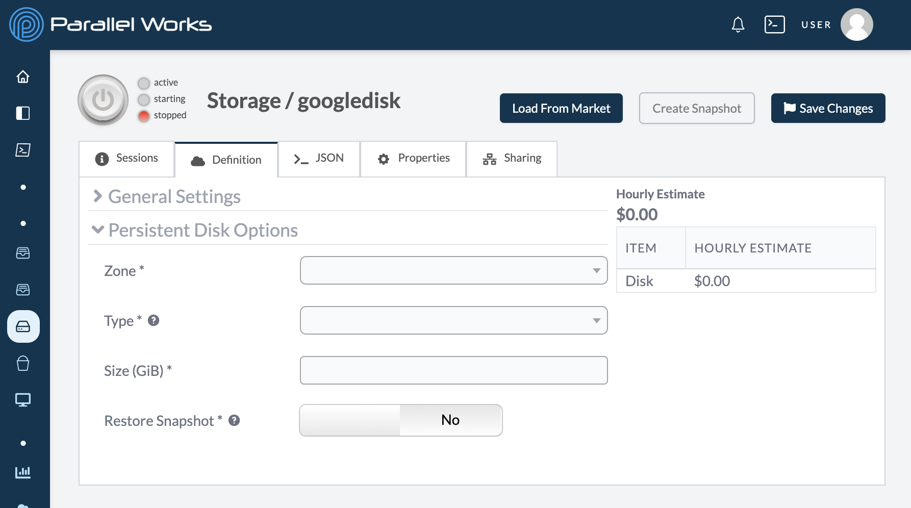 Screenshot of configuration settings for Google Persistent Disk Storage.