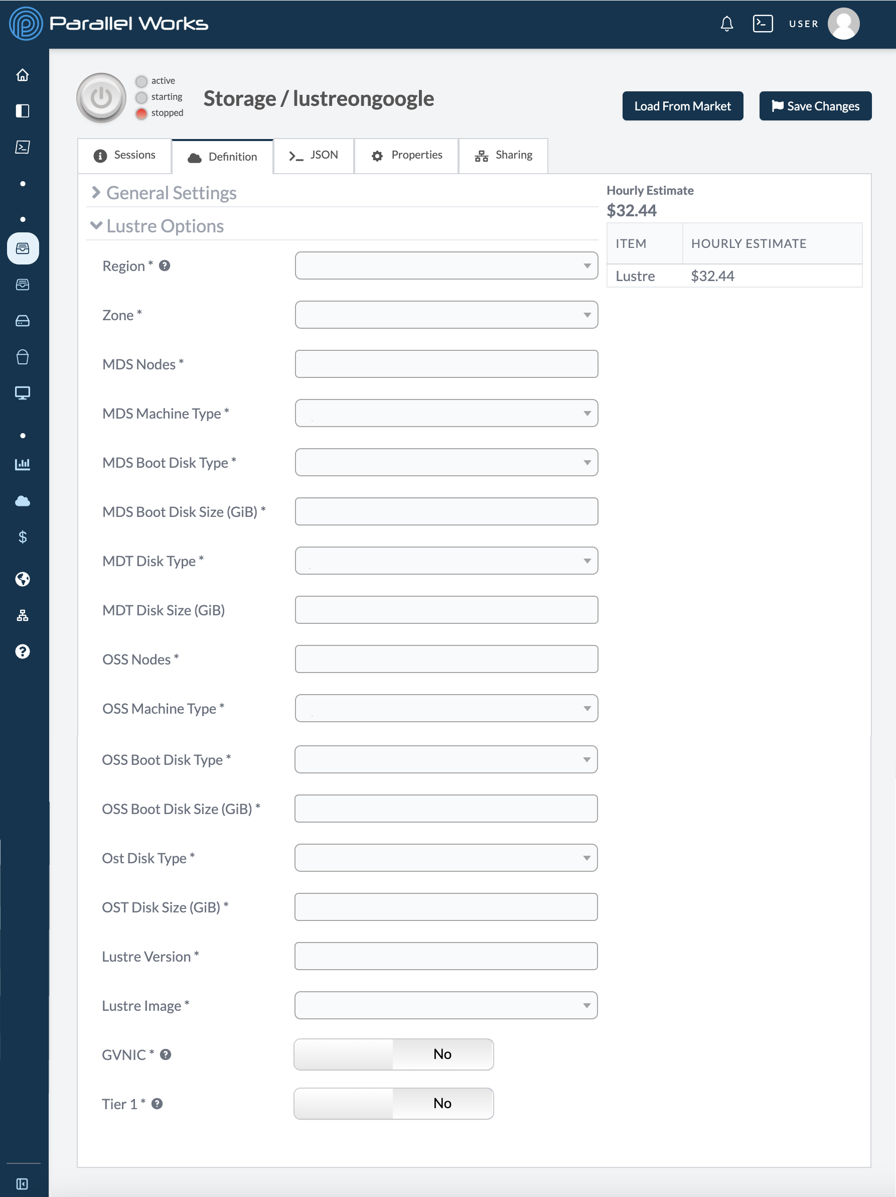 Screenshot of configuration settings for Lustre on Google.