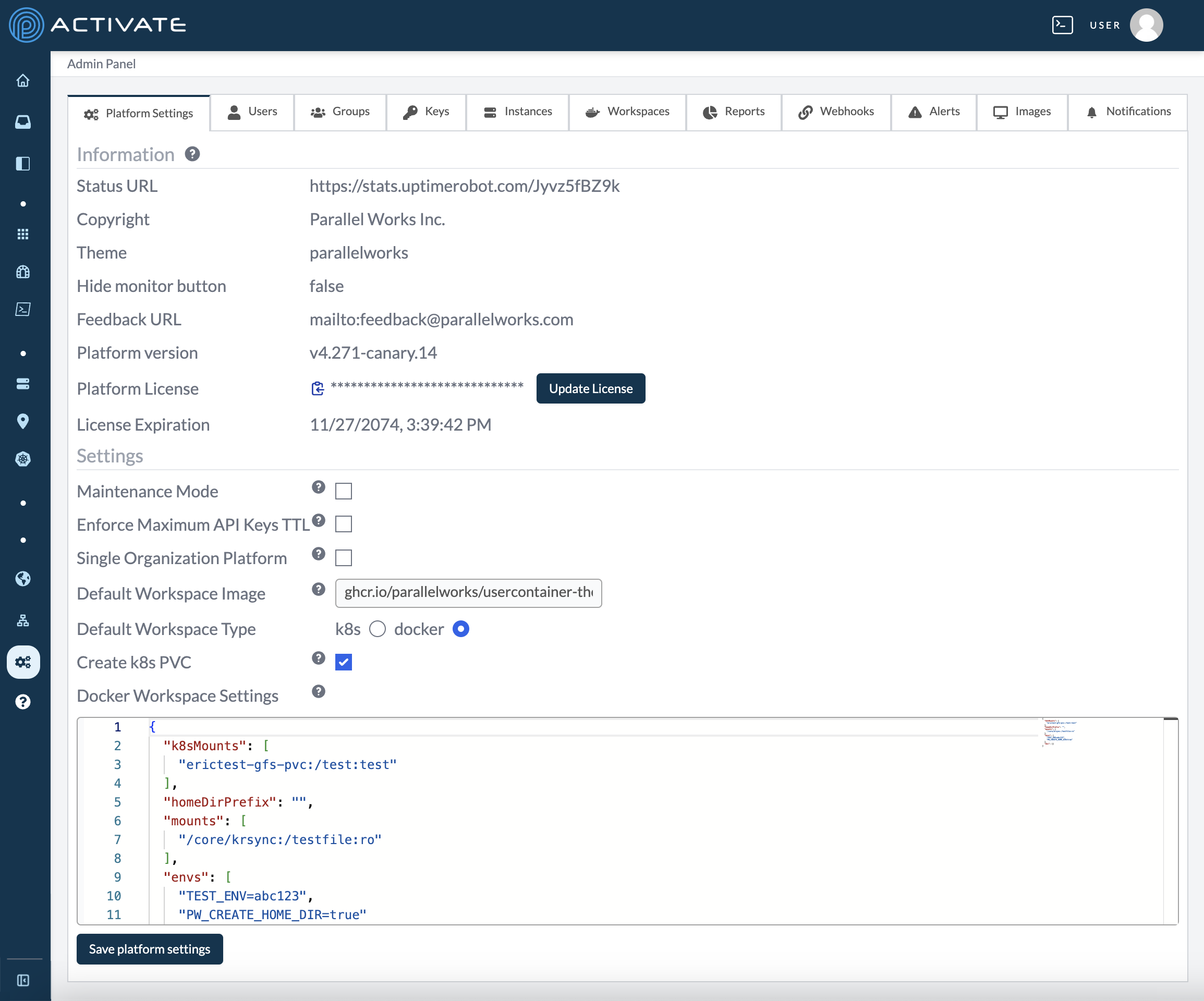 Screenshot of the Platform Settings tab in the Admin Panel.