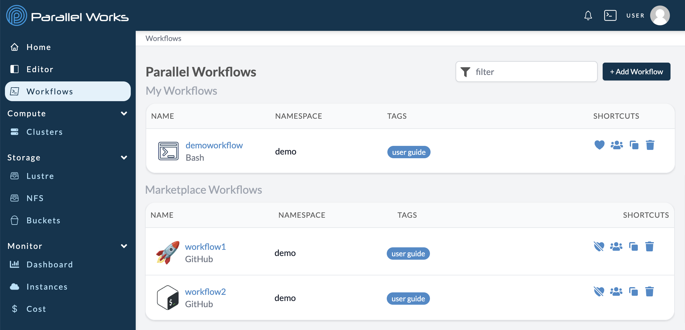 Screenshot of the Workflows page immediately after selecting Workflows.