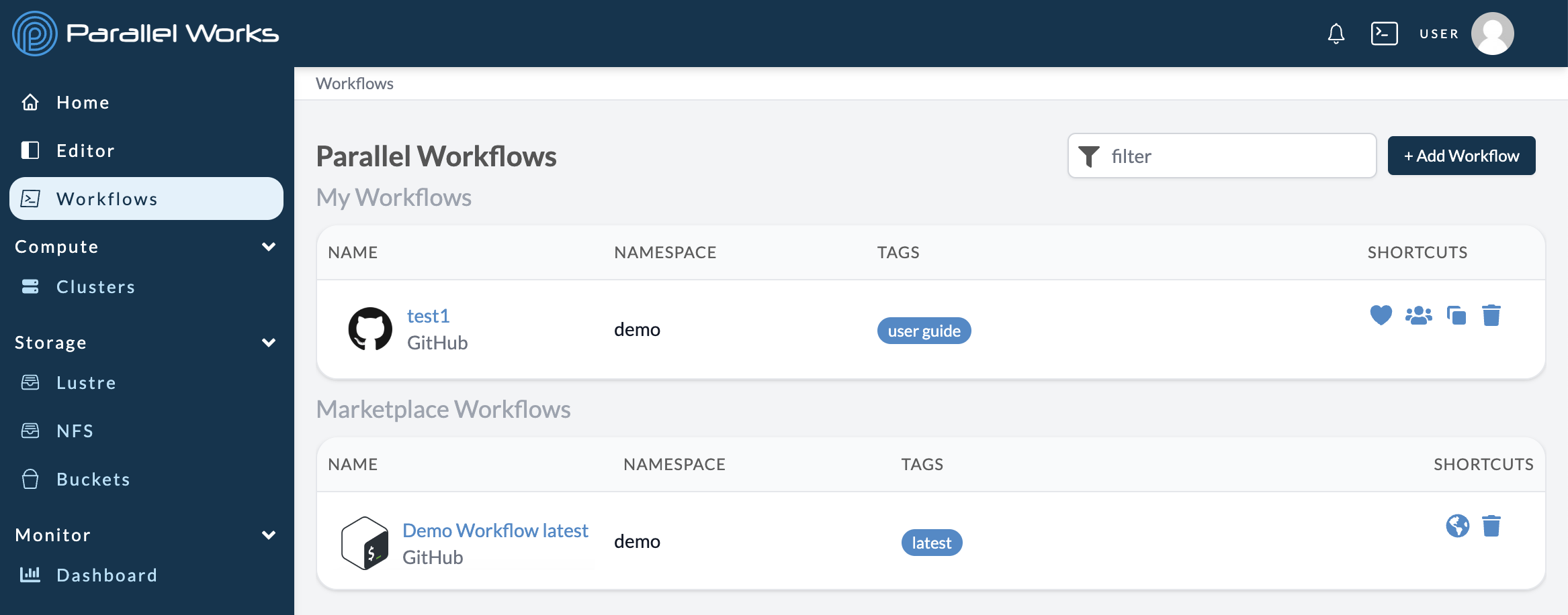 Screenshot of the user selecting the recently added workflow on the Workflows page.