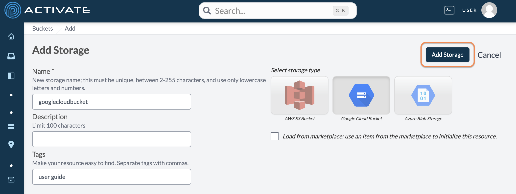 Screenshot of the user clicking the Add Storage button.