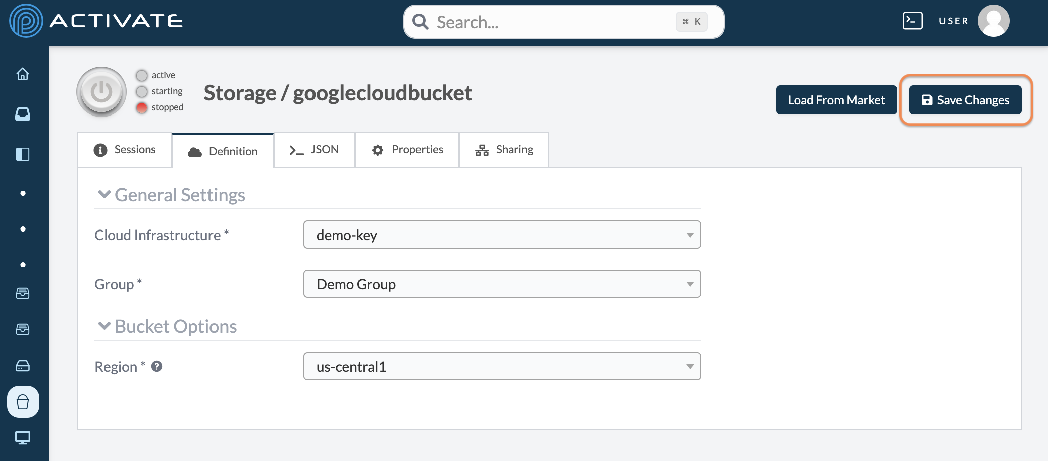 Screenshot of the user clicking Save Changes for a bucket.