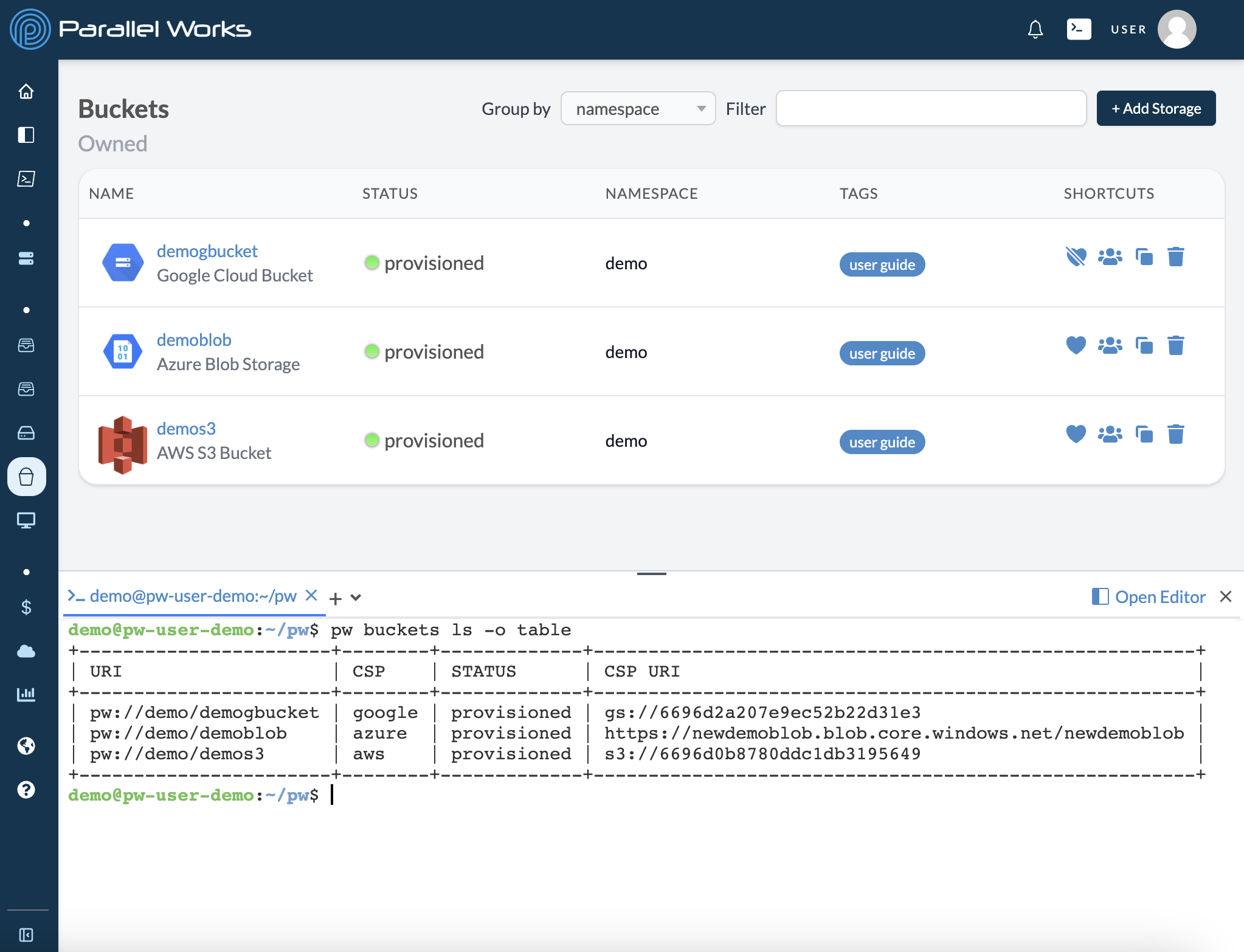 Screenshot of buckets listed in a terminal on the ACTIVATE platform.