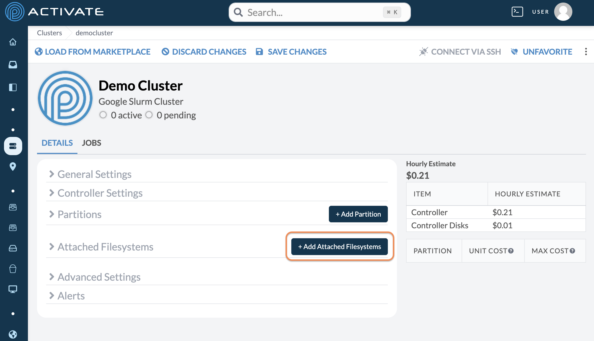 Screenshot of the user clicking Add Attached Filesystems.