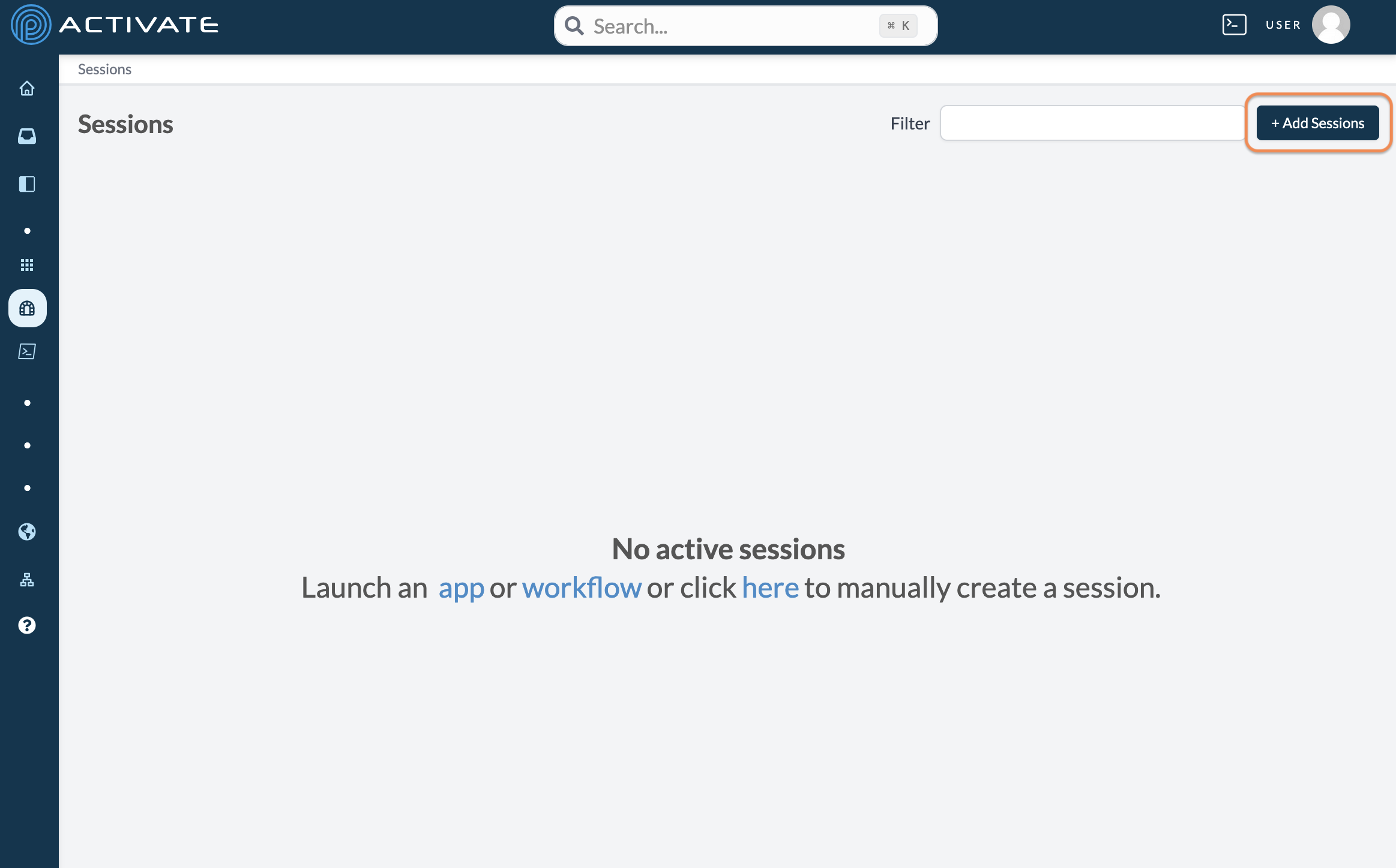 Screenshot of the user clicking Add Sessions on the Sessions page.