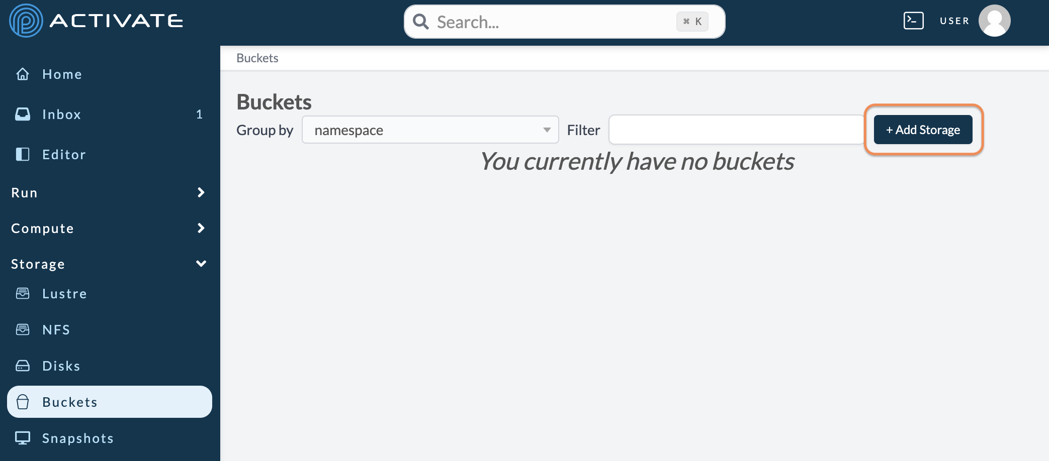 Screenshot of the user clicking the +Add Storage button.