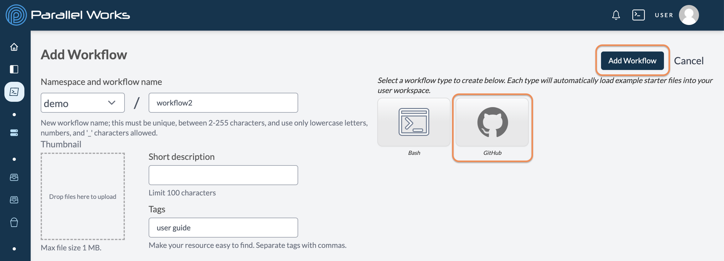 Screenshot of the user selecting a GitHub workflow and clicking Add Workflow.