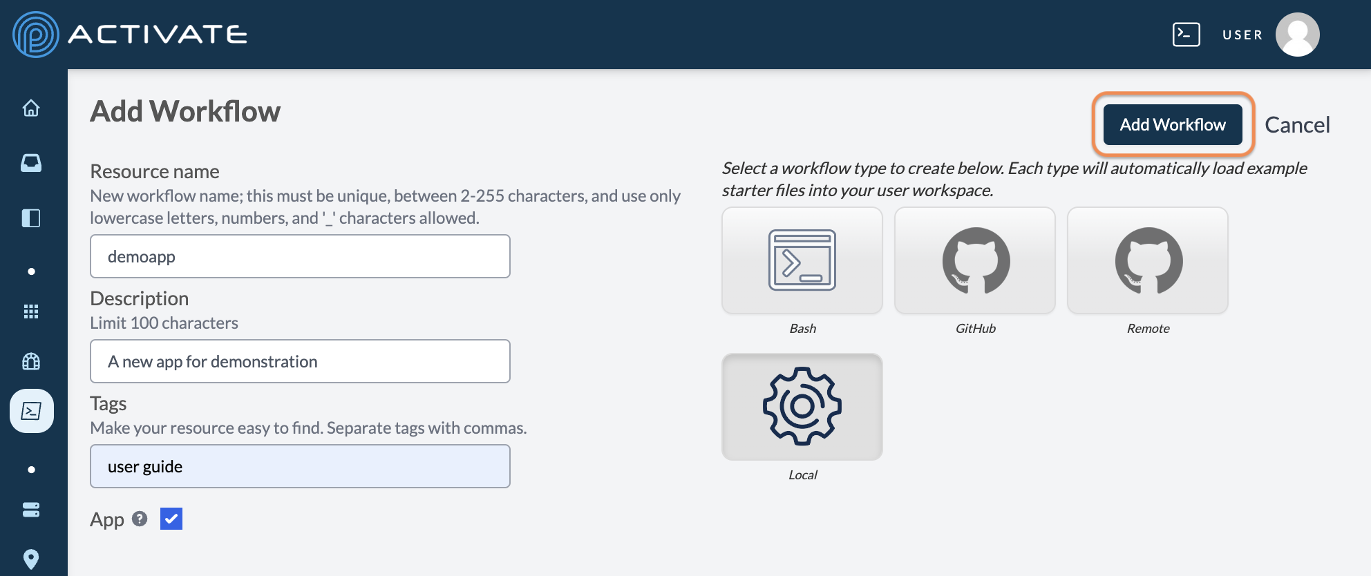 Screenshot of the user selecting a Local workflow and clicking Add Workflow.