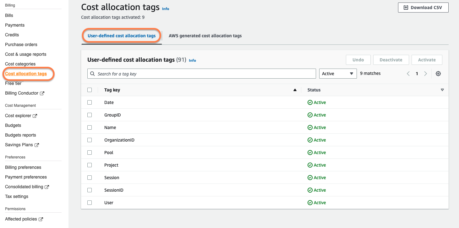 Screenshot of the user in the AWS Management Console, clicking Cost allocation tags and User-defined allocation tags.