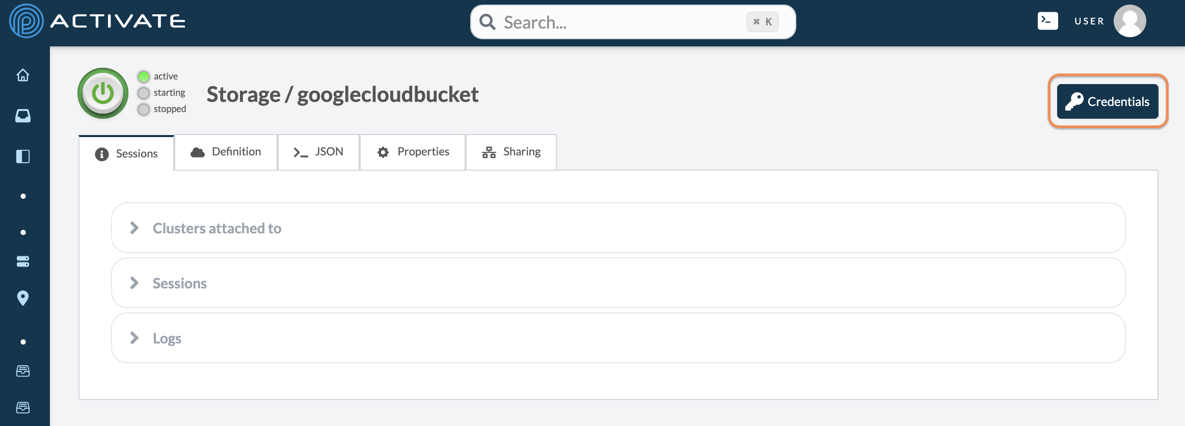 Screenshot of a user clicking the Credentials button on an active bucket.