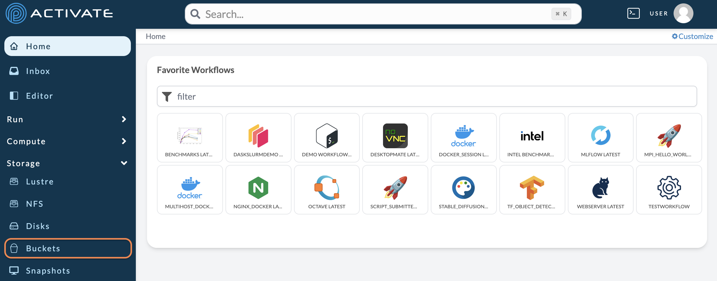 Screenshot of the user clicking Buckets in the ACTIVATE sidebar.