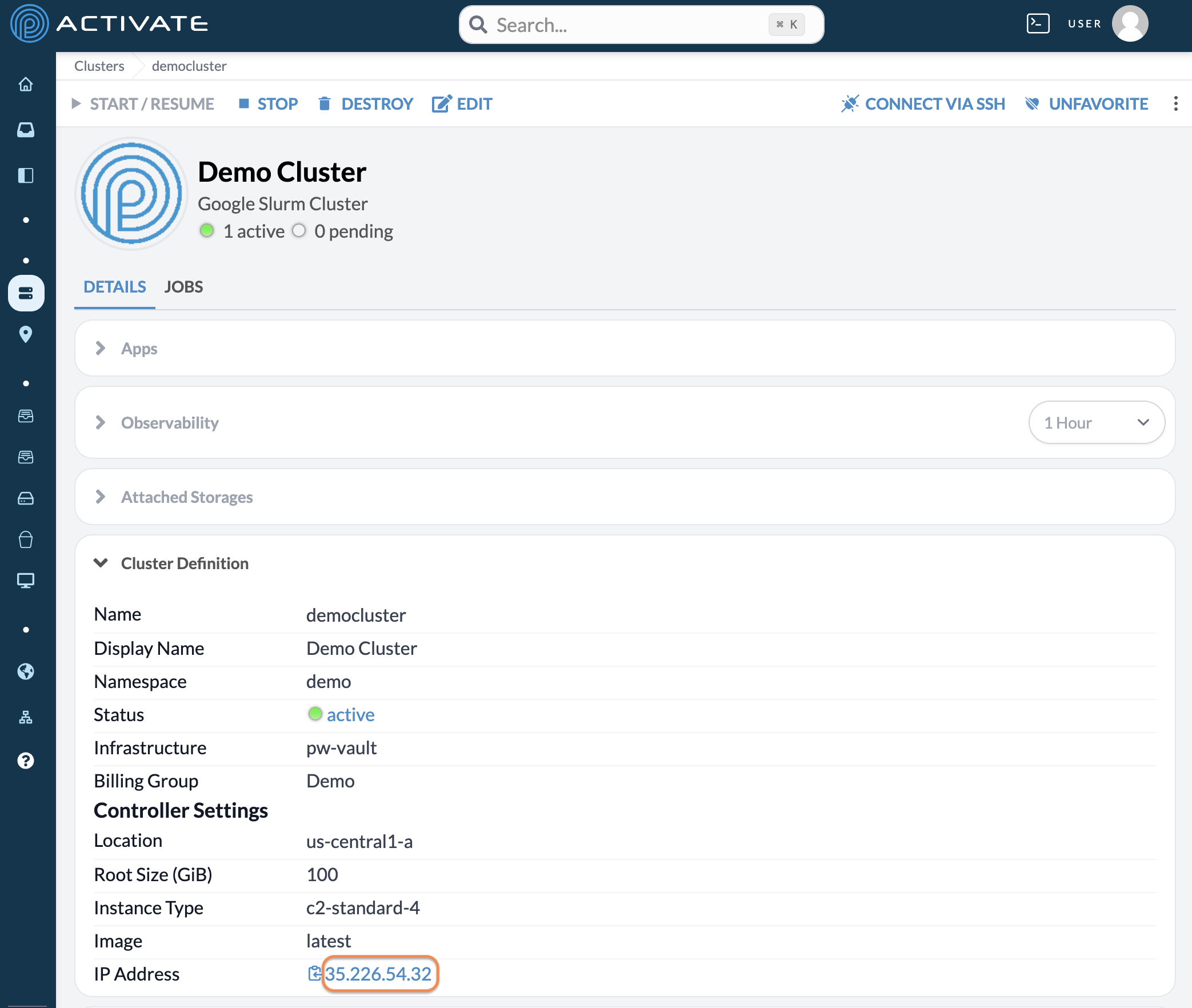 Screenshot of a user clicking a cluster&#39;s IP address.