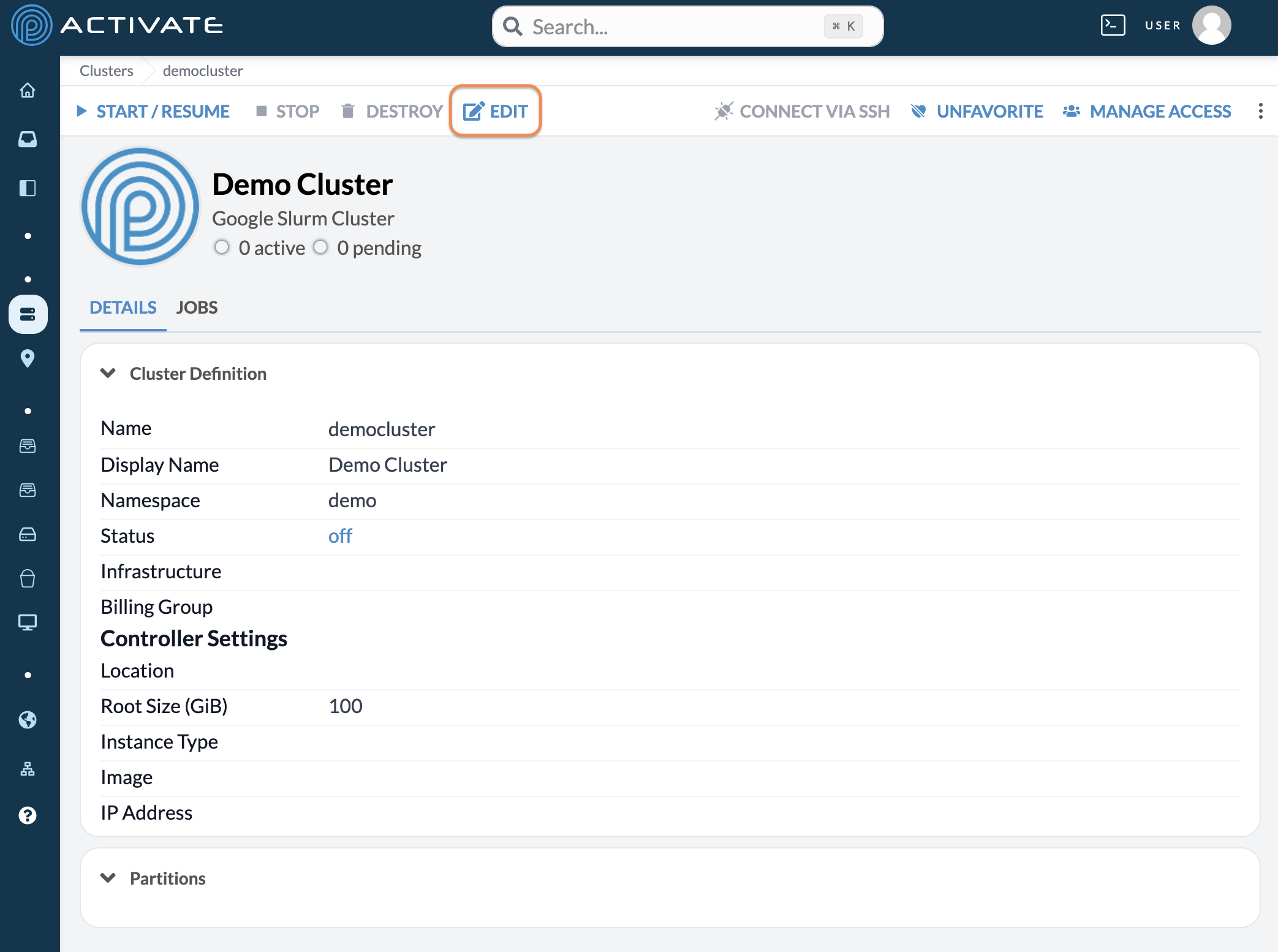 Screenshot of the user clicking Edit on a cluster.