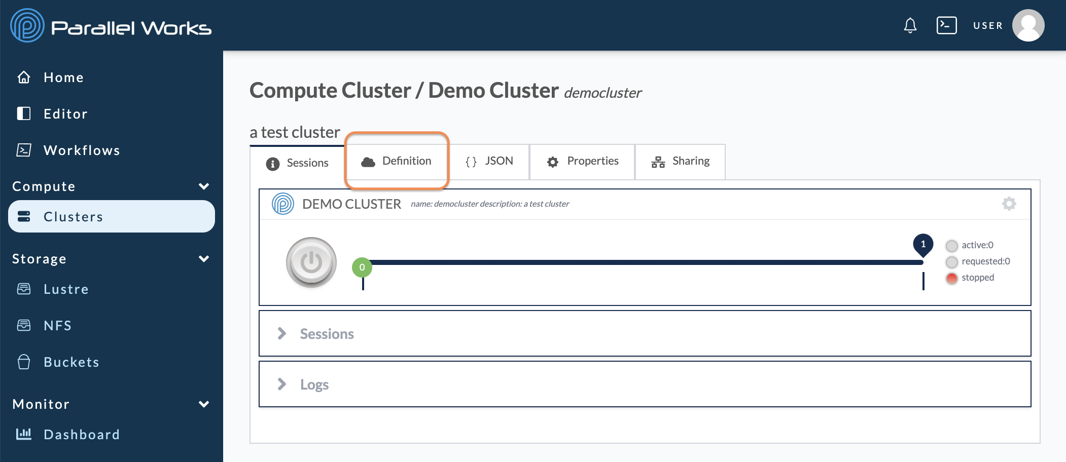 Screenshot of a user clicking the Definition tab of a cluster&#39;s configuration settings.
