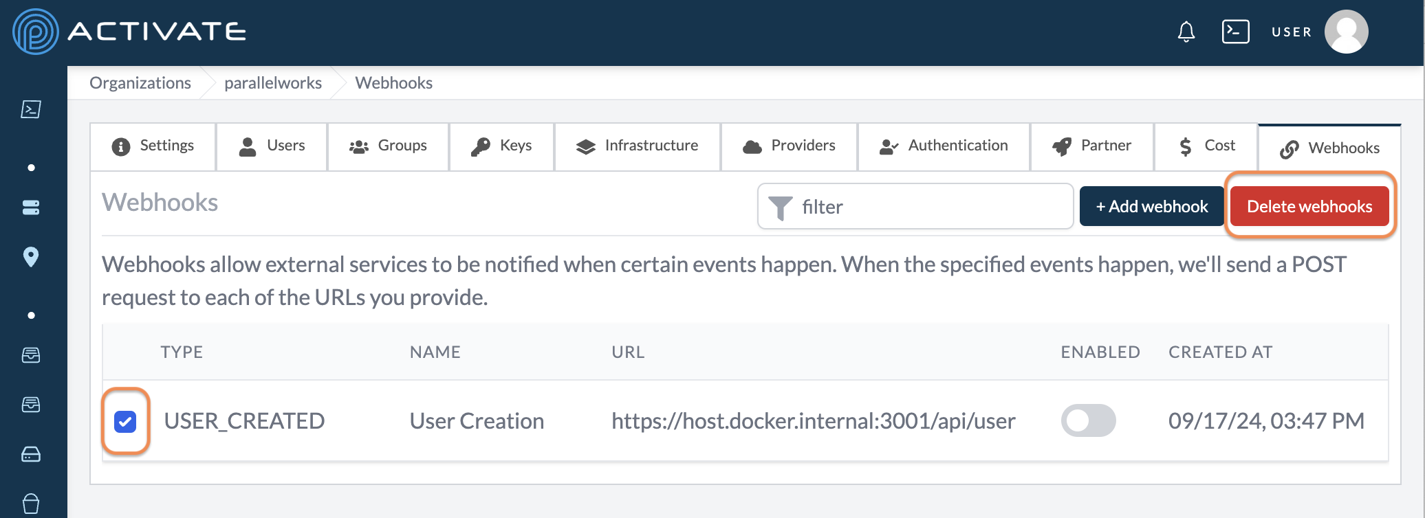 Screenshot of the user clicking the Delete Webhook button.