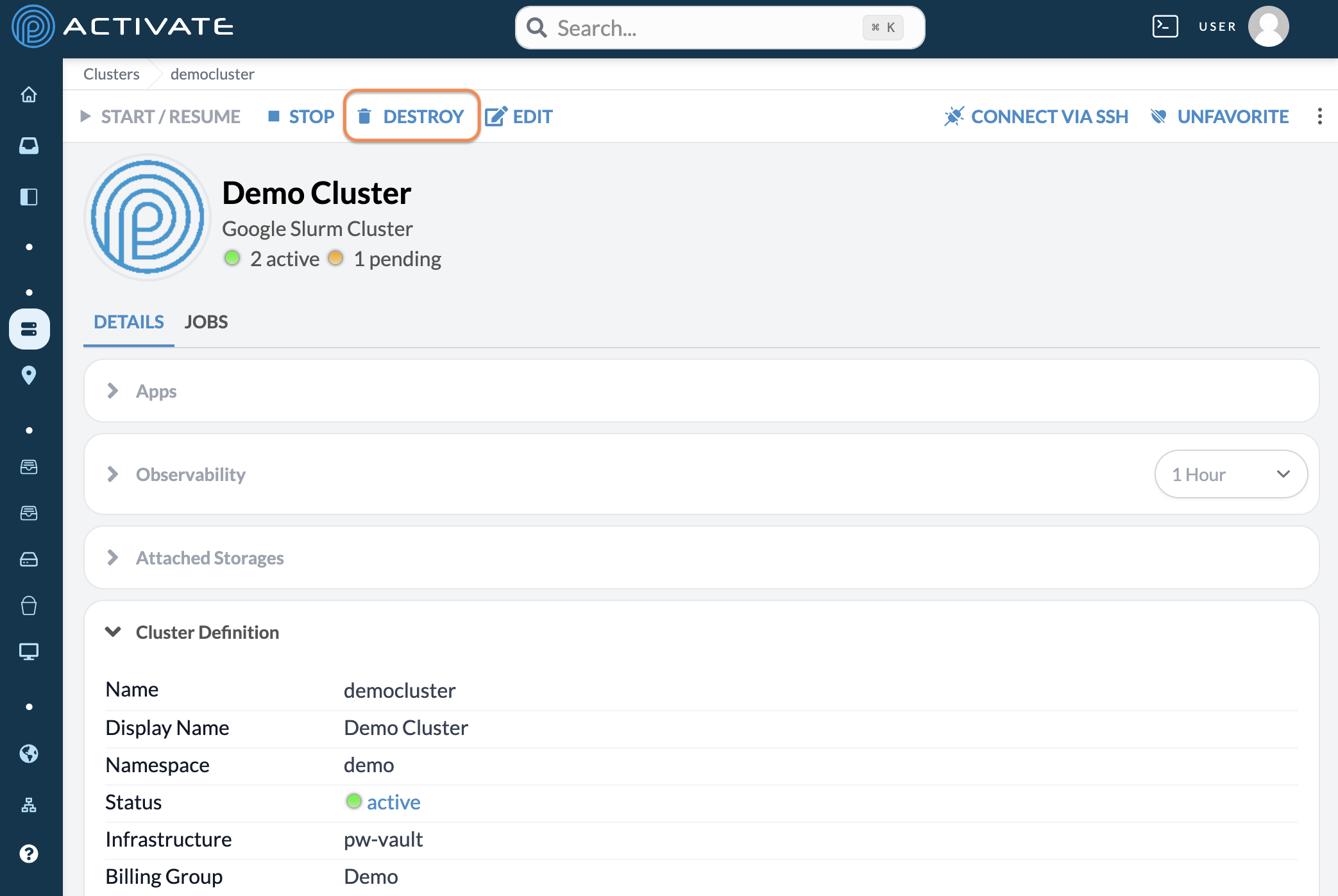 Screenshot of a user clicking the Destroy button a cluster.