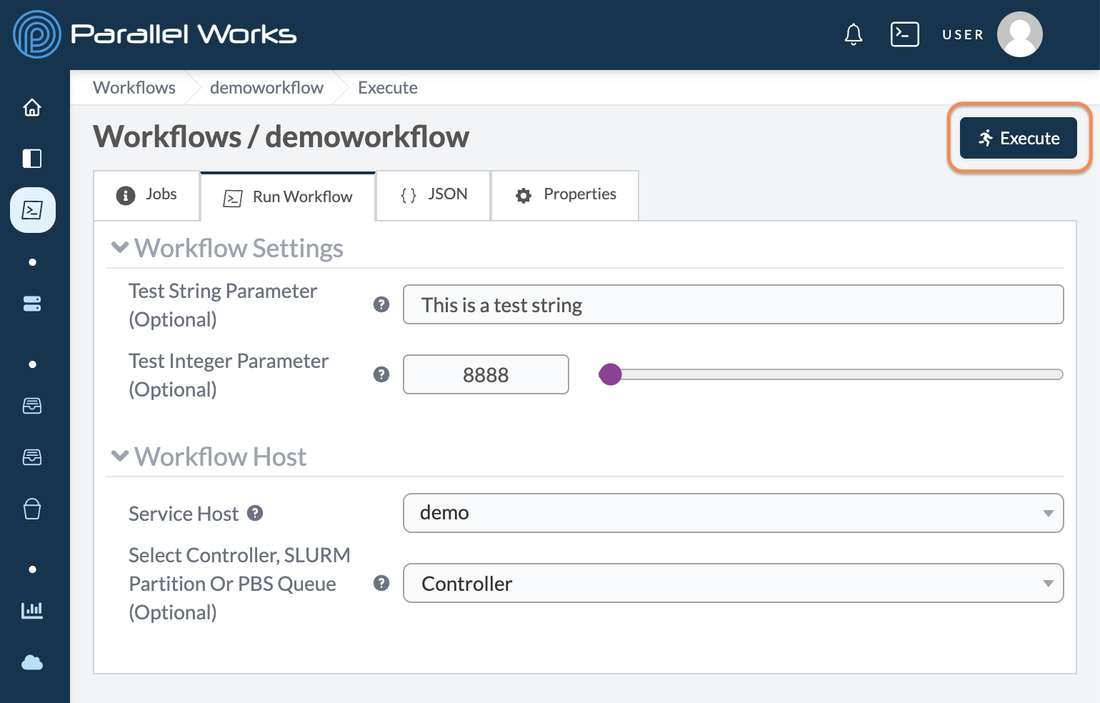 Screenshot of configuration settings for the demo workflow.