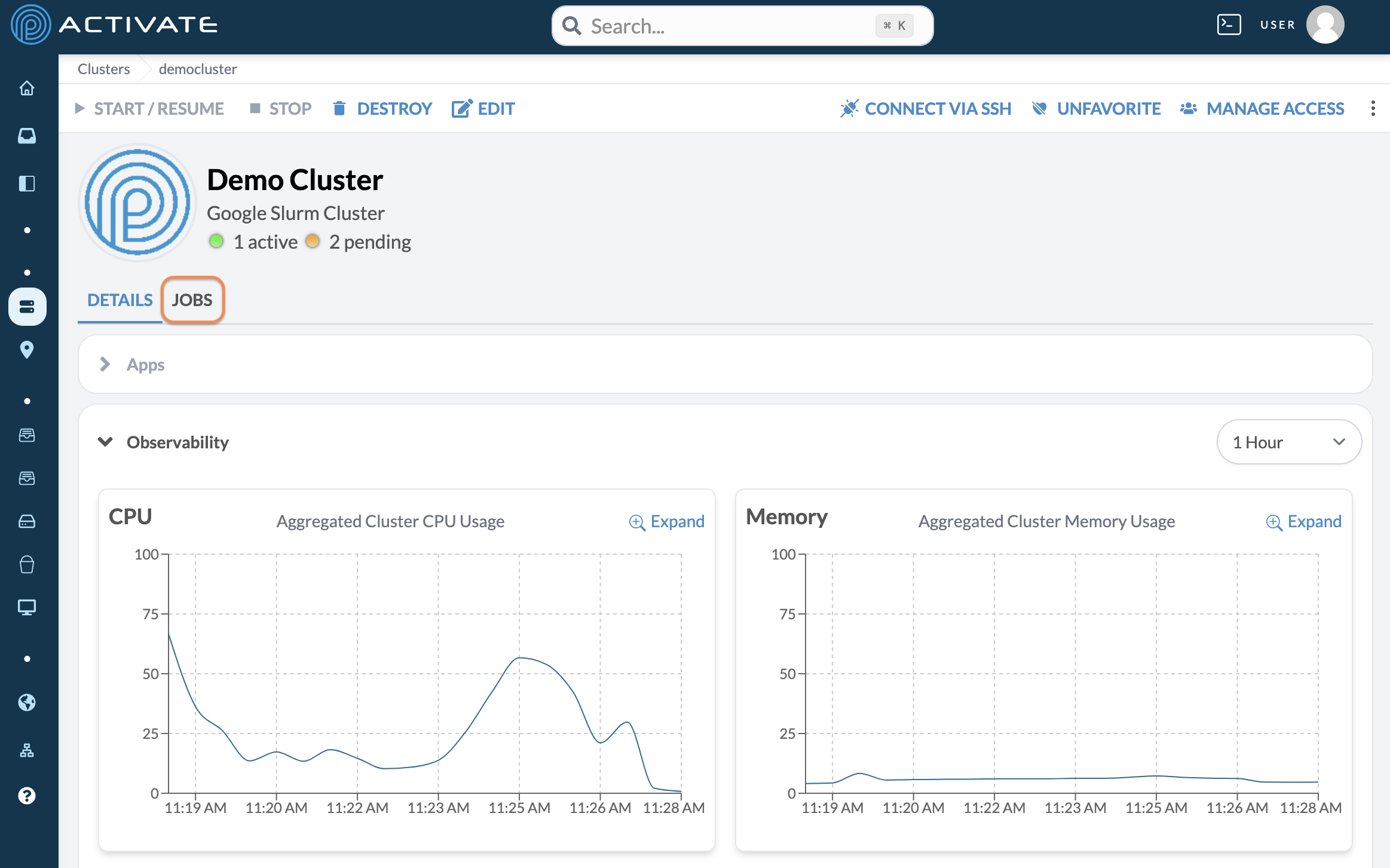 Screenshot of the user clicking the Jobs tab on a cluster&#39;s page.