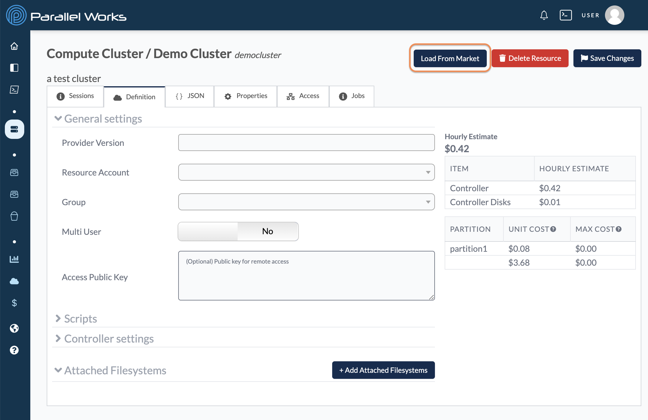 Screenshot of Load From Market button circled on a cluster&#39;s configuration page.