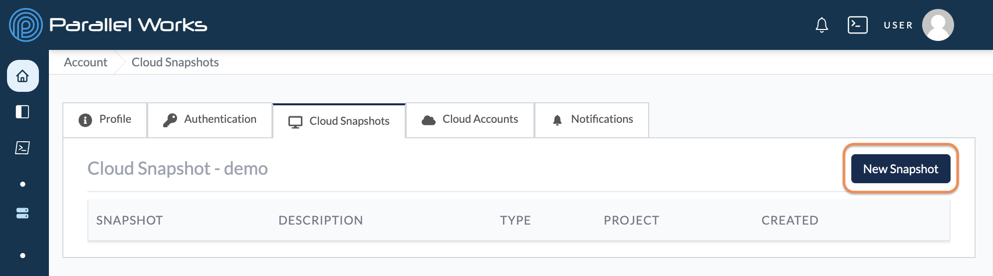 Screenshot of user selecting New Snapshot in the Cloud Snapshots tab.