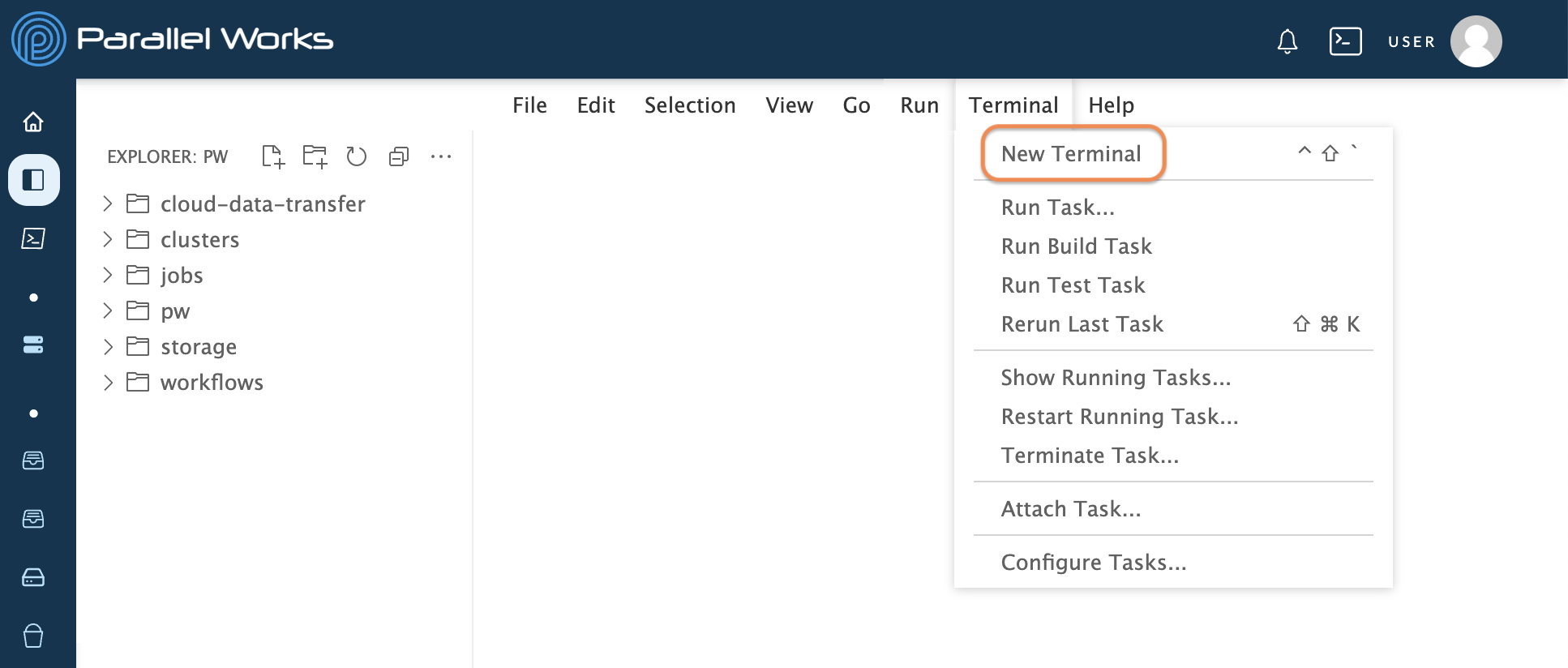 Screenshot of the user clicking New Terminal in the Terminal dropdown menu.
