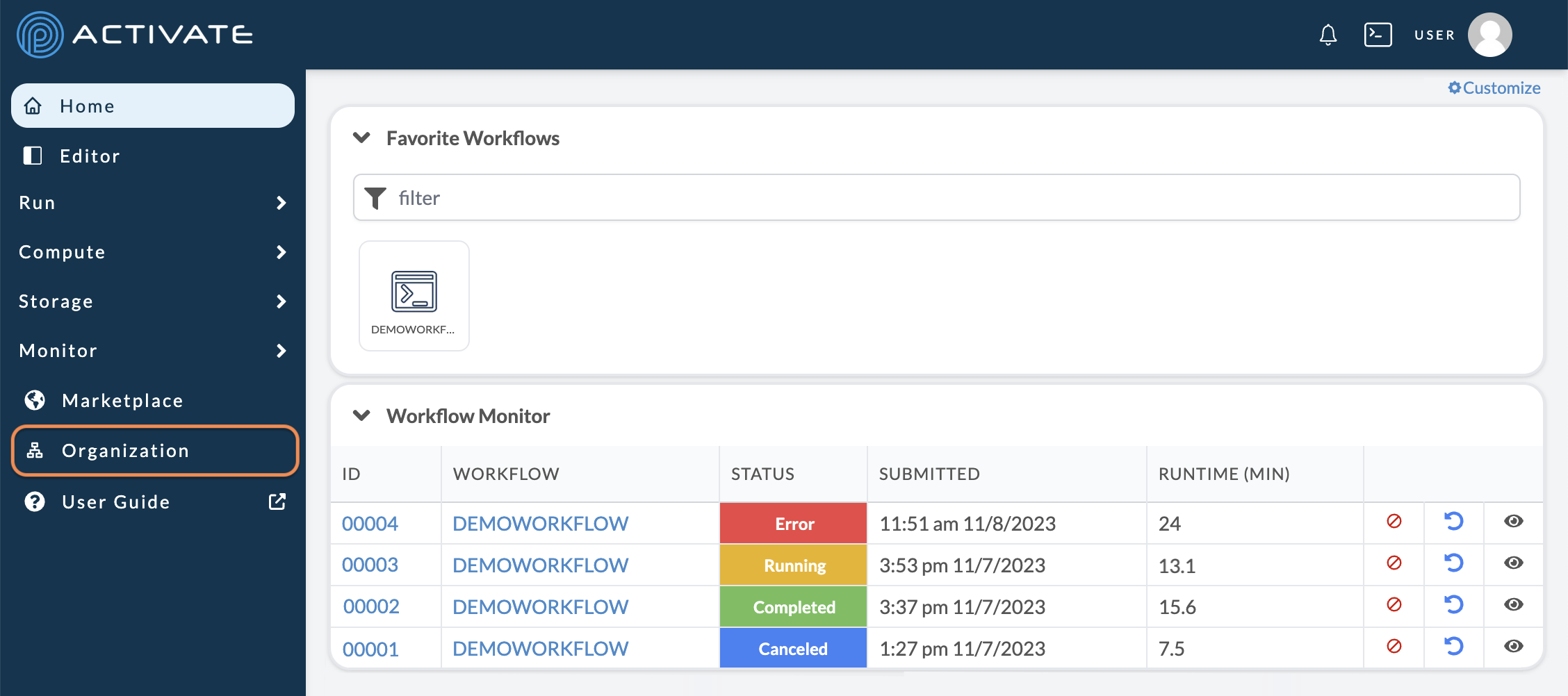 Screenshot of the user selecting Organization from the User dropdown menu.