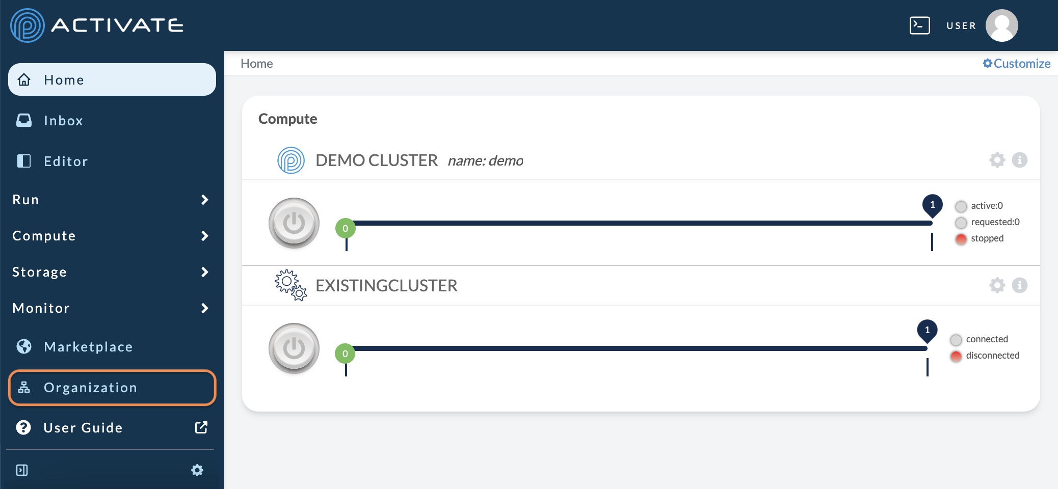 Screenshot of the user selecting Organization from the User dropdown menu.