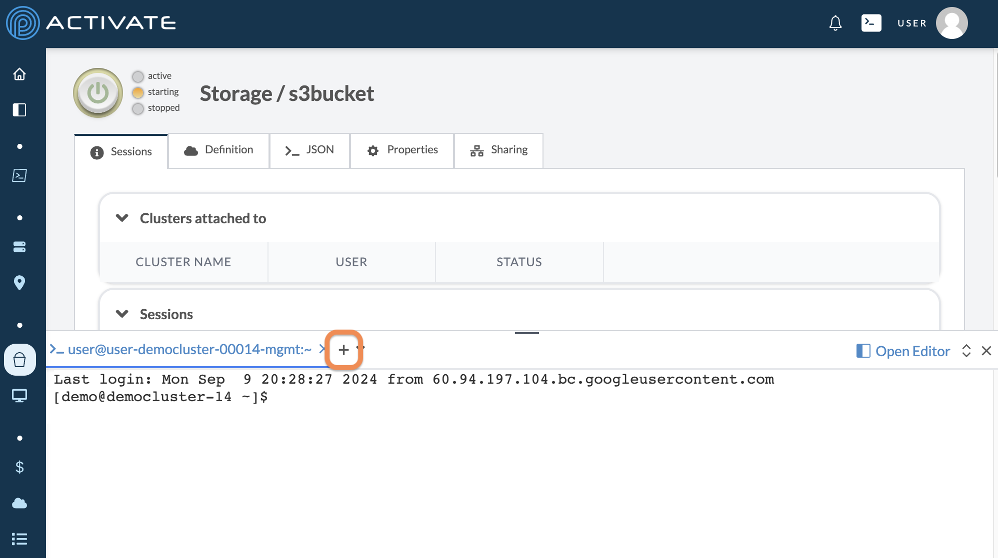 Screenshot of a user clicking the plus button in a terminal on ACTIVATE.
