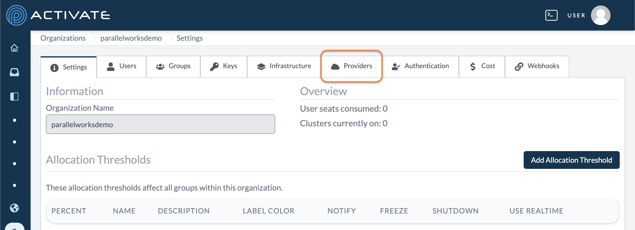 Screenshot of the user selecting Providers in their organization settings.