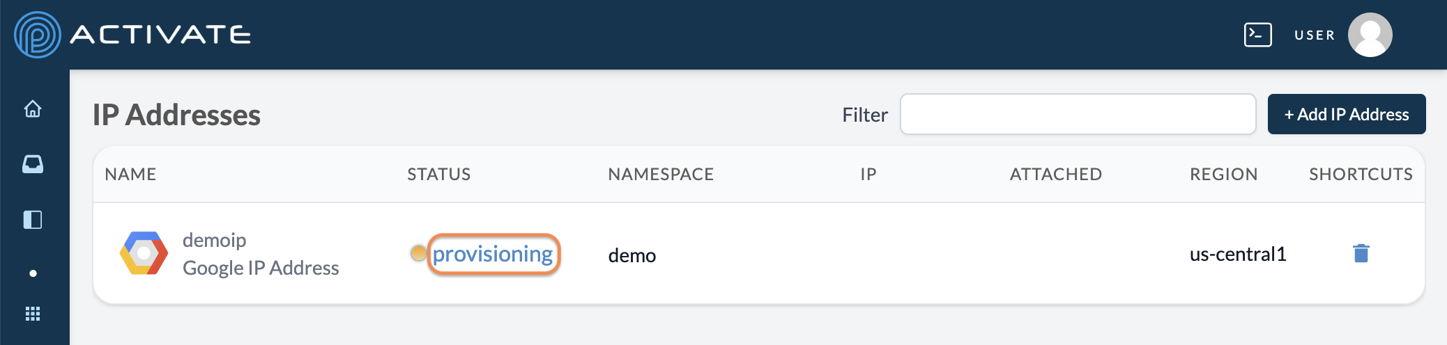 Screenshot of the user clicking the IP provisioning status.