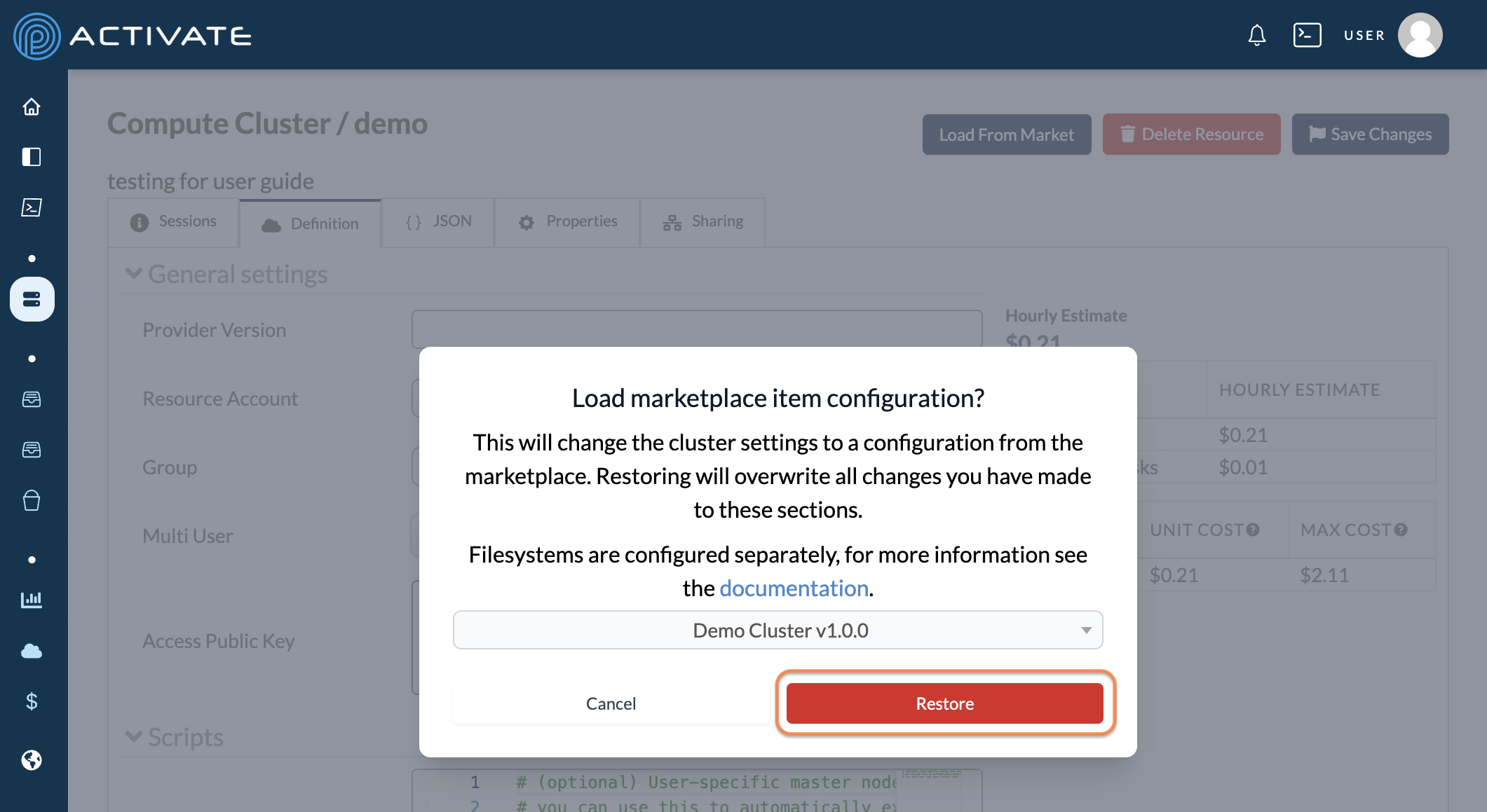 Screenshot of Load From Market button circled on a cluster&#39;s configuration page.